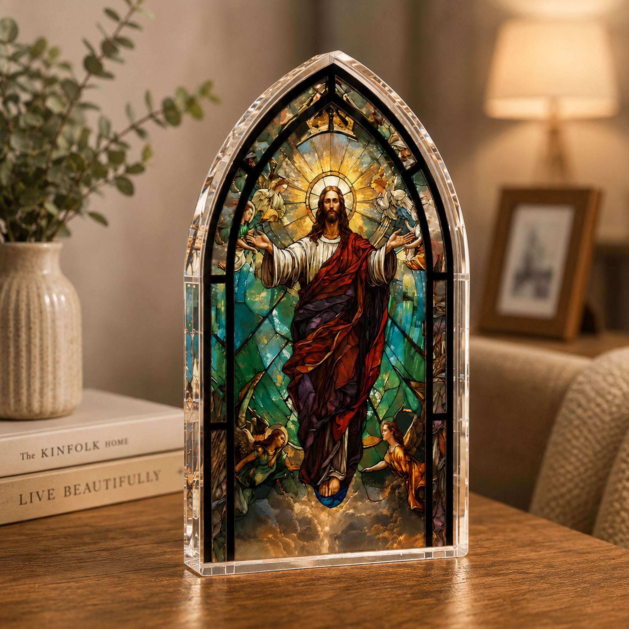 Ascension of Jesus Acrylic Plaque, Stained Glass Church Window Art, 2D Flat Christian Table Decor