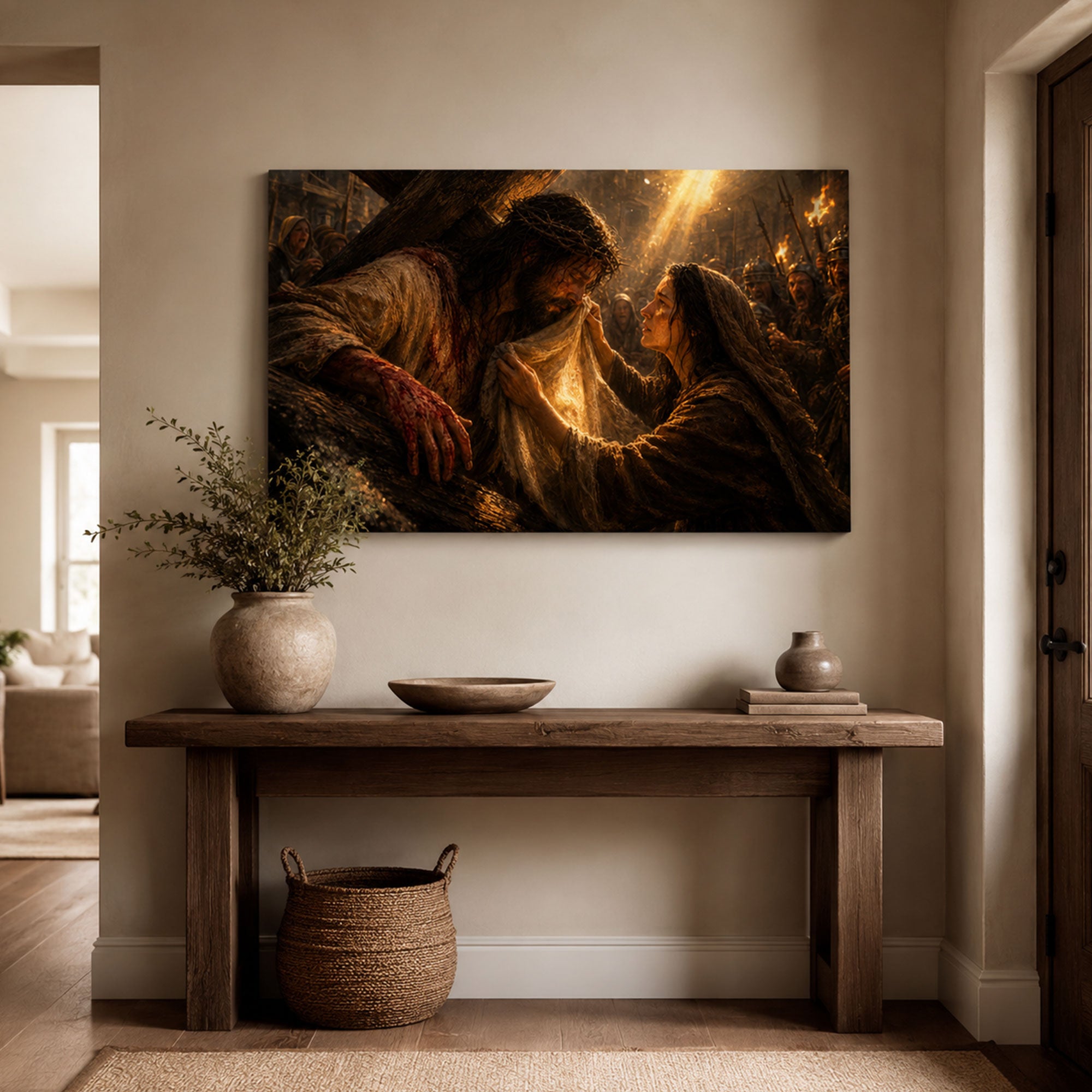 Jesus Carrying the Cross Canvas Print, Veronica Veil Catholic Wall Art, Passion of Christ Home Decor Gift