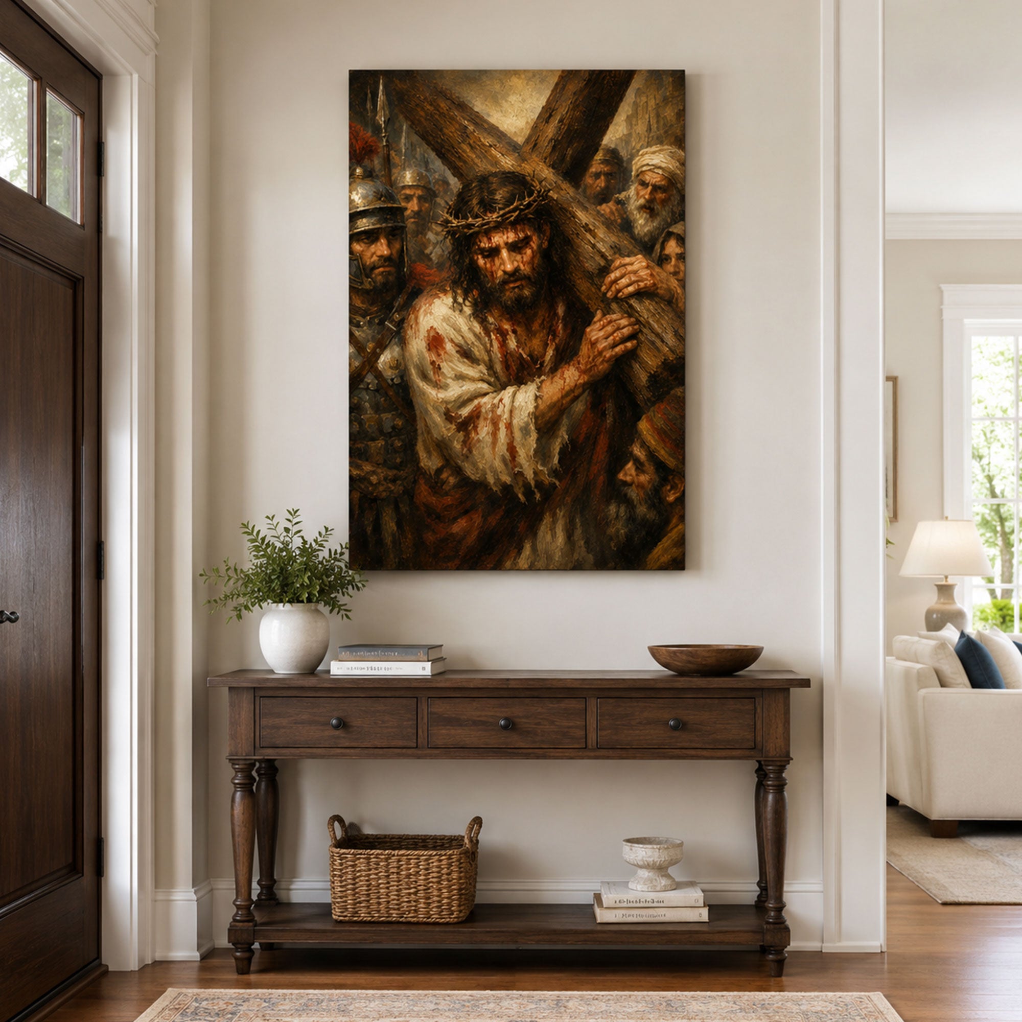 Jesus Carrying the Cross Canvas Print, Passion of Christ Catholic Wall Art, Christian Faith Home Decor Gift