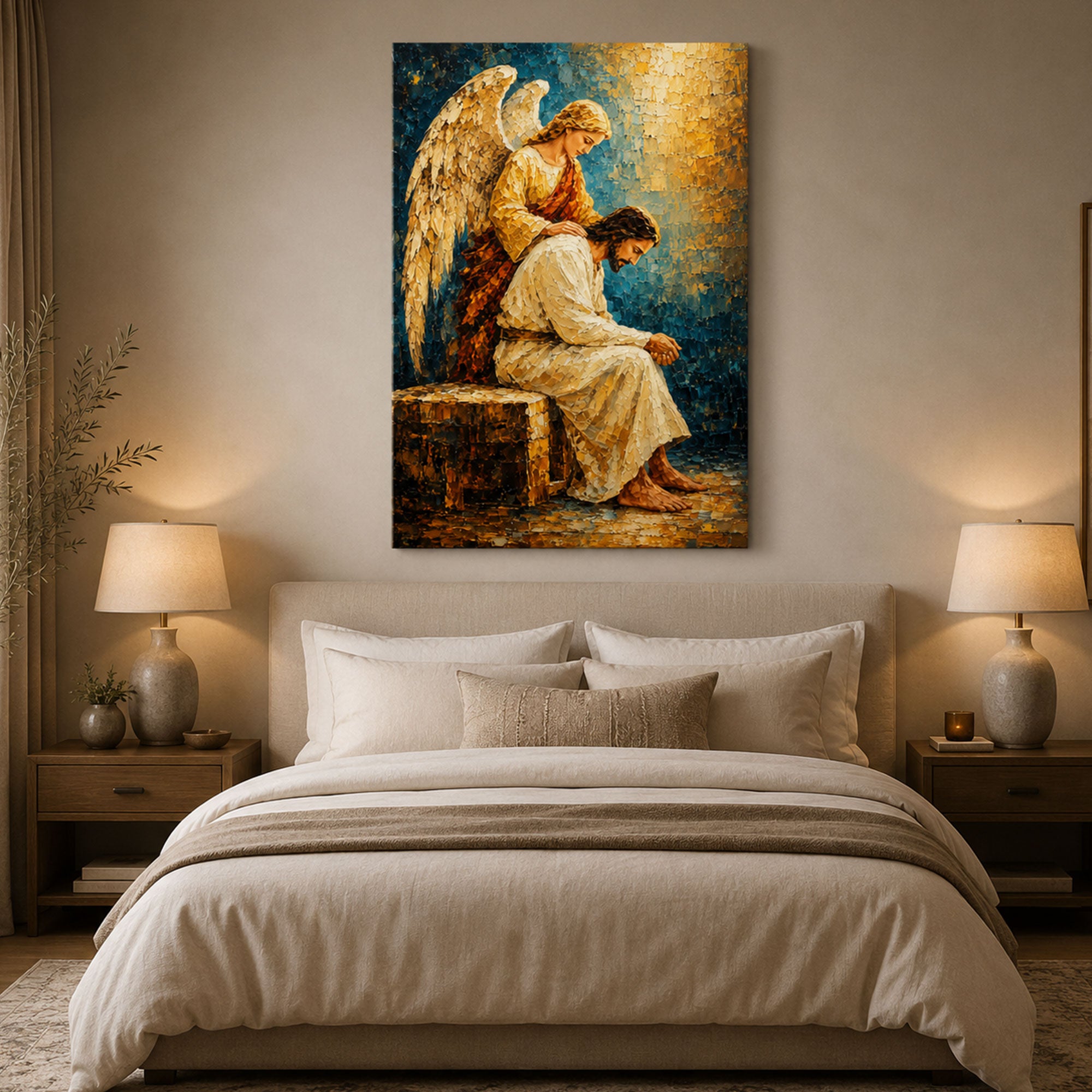 Guardian Angel Comforting Jesus Canvas Print, Christian Angel Wall Art, Faith Home Decor Gift