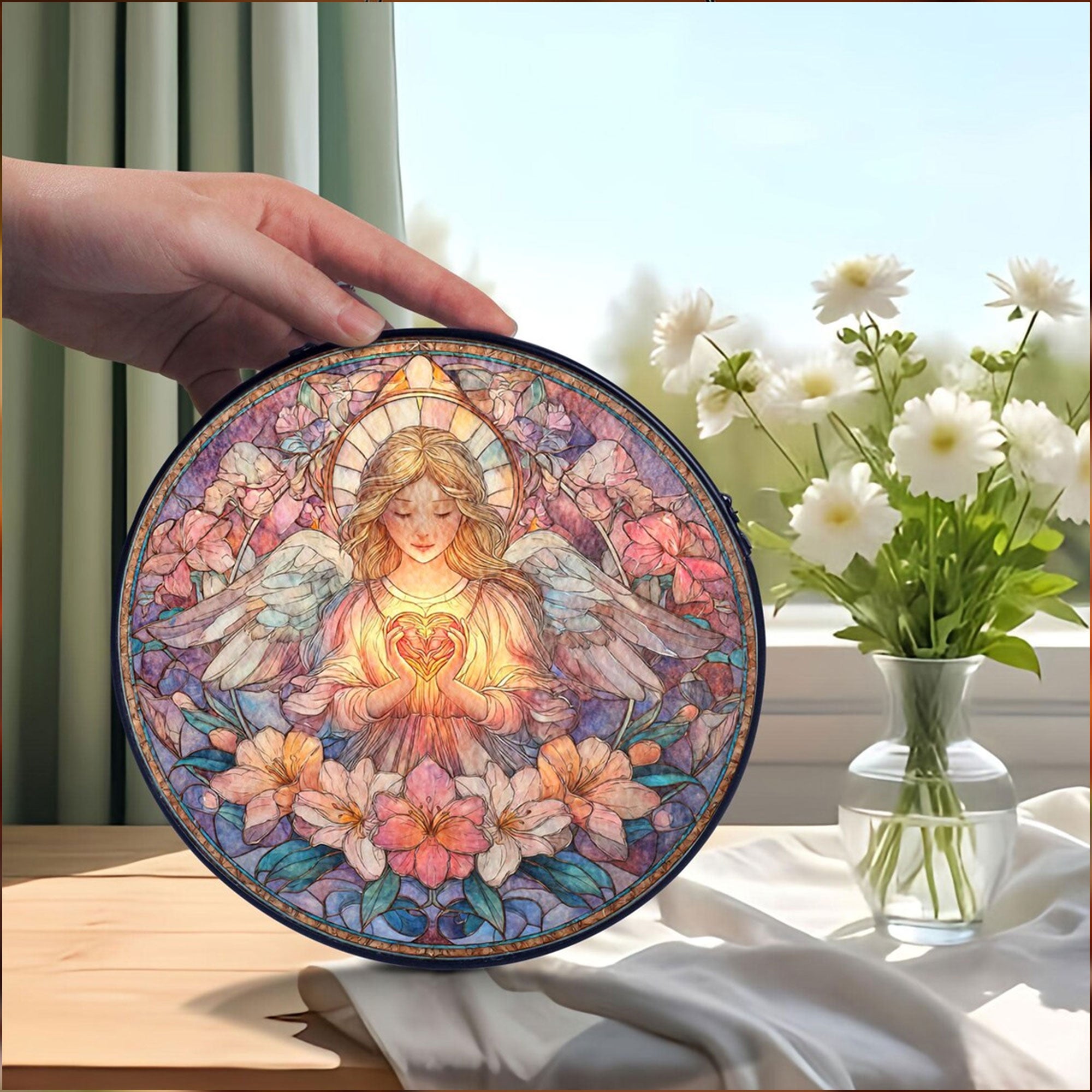 Angel Heart Suncatcher, Floral Window Hanging, Christian Memorial Gift