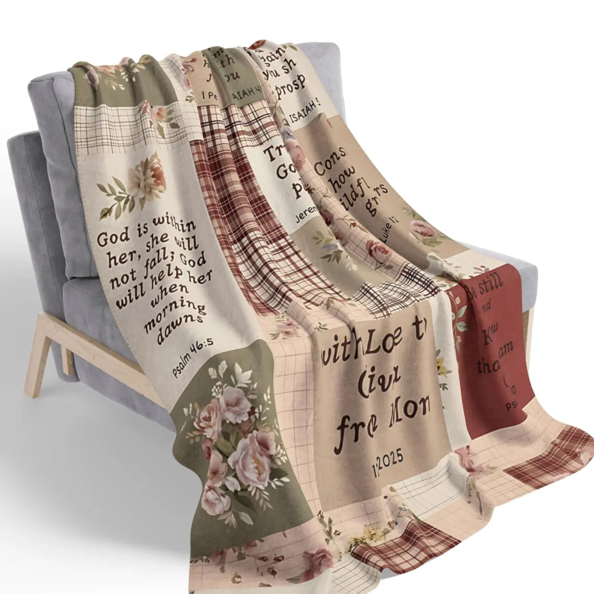 Christian Scripture Fleece Blanket, Floral Patchwork Throw, Personalized Bible Verse Gift, Faith Blanket for Daughter or Mom