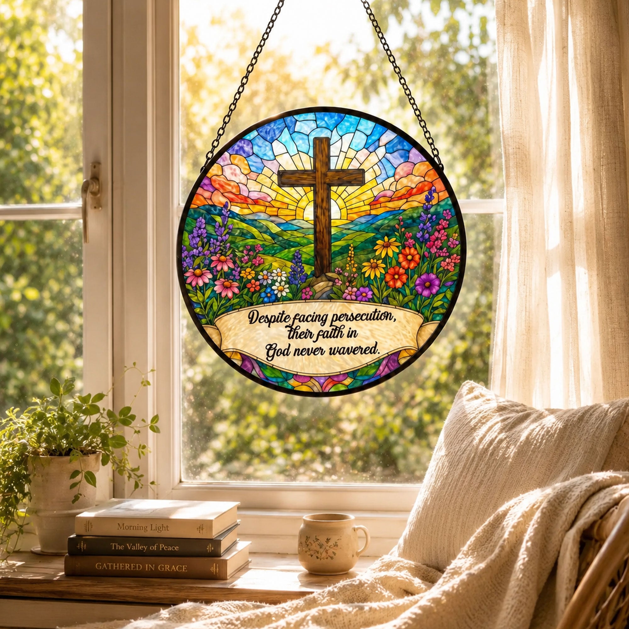 Christian Cross Suncatcher, Unwavering Faith Inspirational Quote, Floral Window Hanging