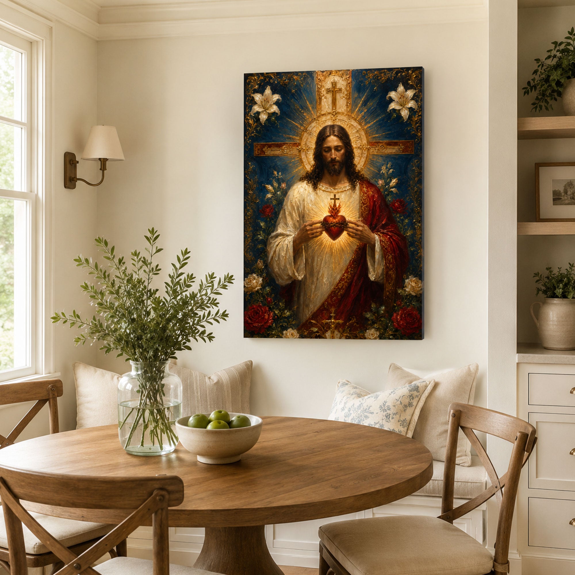 Sacred Heart of Jesus with Cross Canvas Print, Catholic Wall Decor, Christian Faith Gift