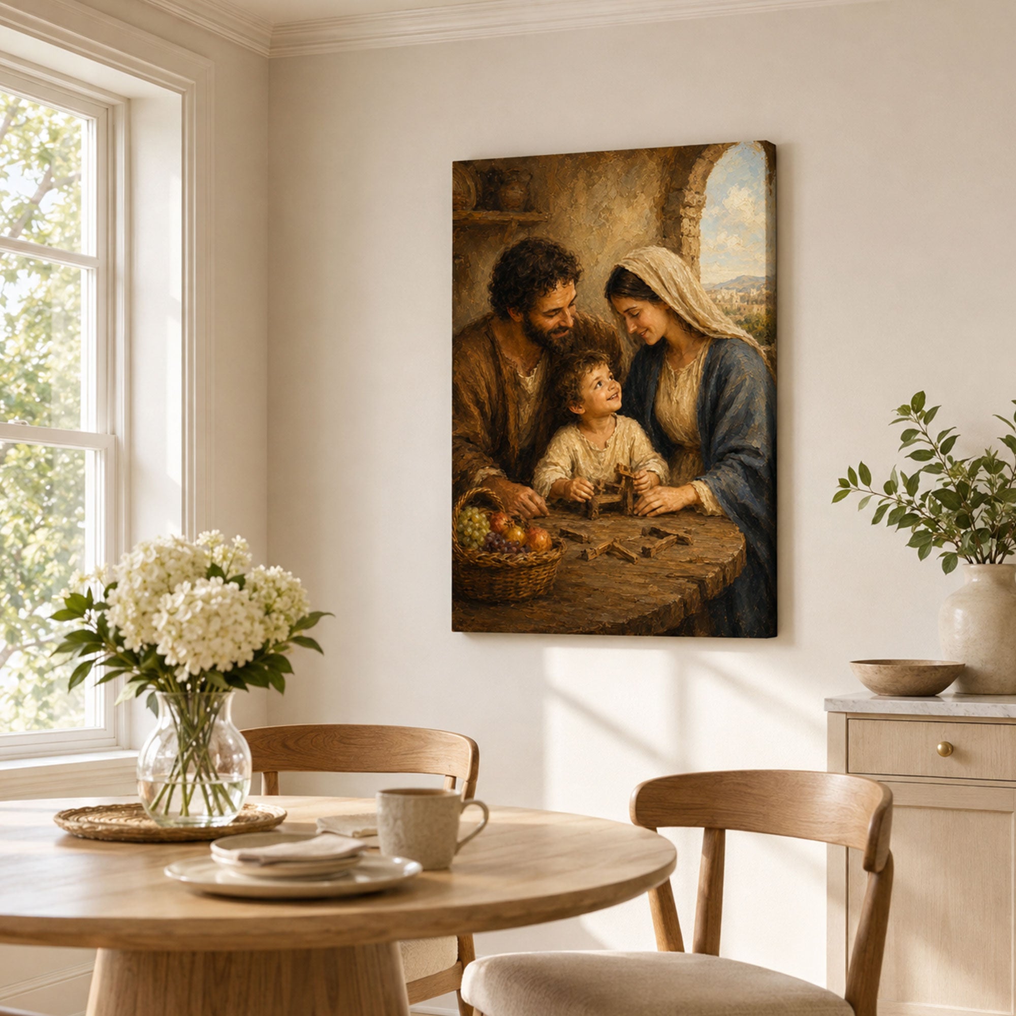 Holy Family at Nazareth Canvas Print, Saint Joseph Mary and Child Jesus Catholic Wall Decor, Faith Gift