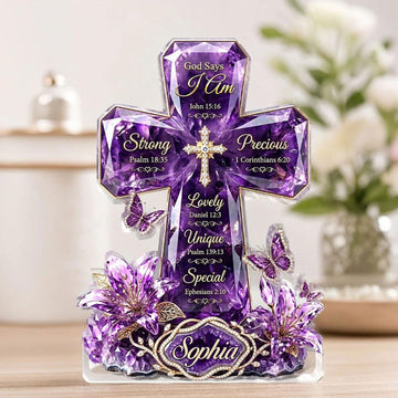 Personalized God Says I Am Chosen Cross Acrylic Desk Plaque, Christian Bible Verse Affirmation Gift