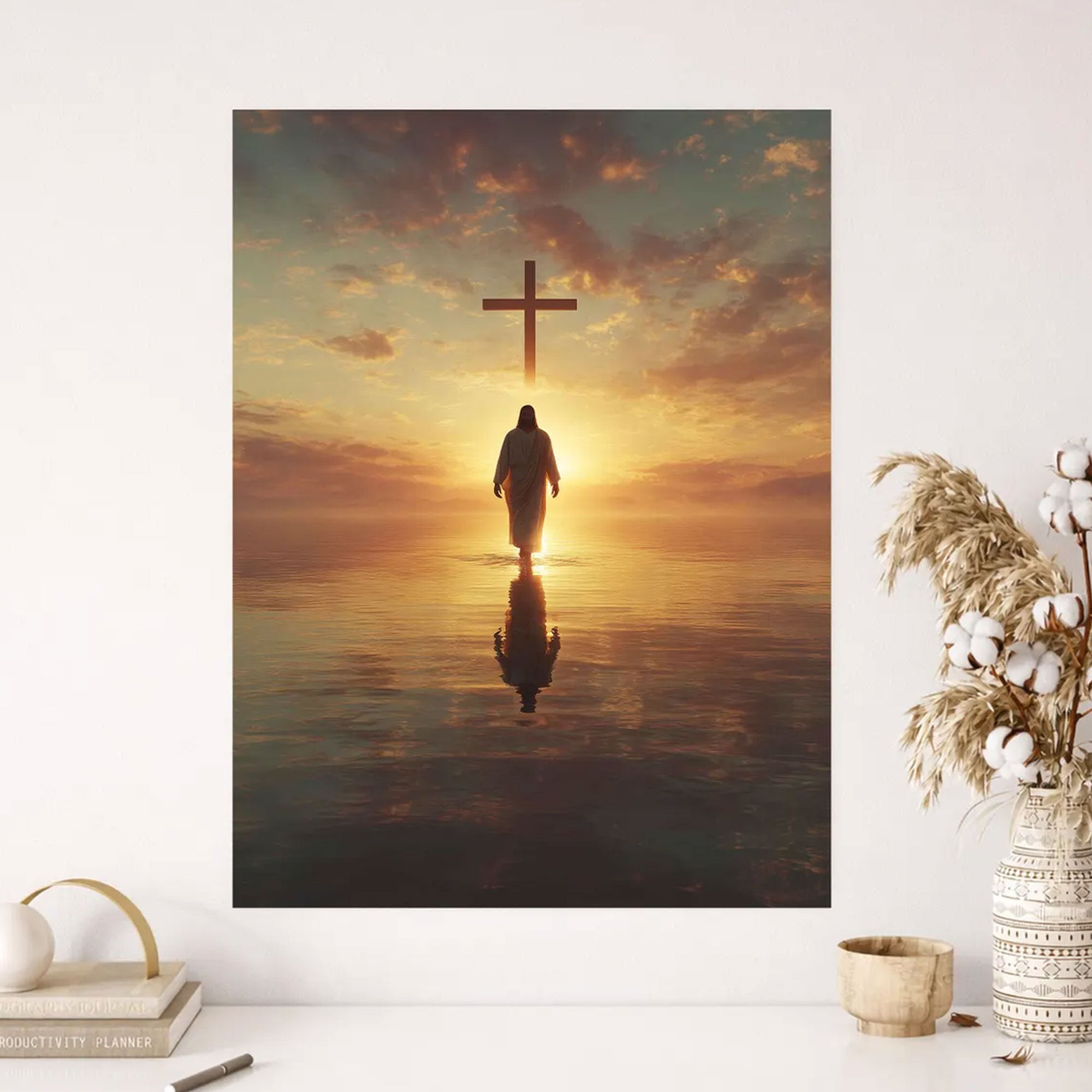 Jesus Walking on Water Canvas Art, Sunrise Cross Christian Faith Decor, Spiritual Reflection Wall Artwork