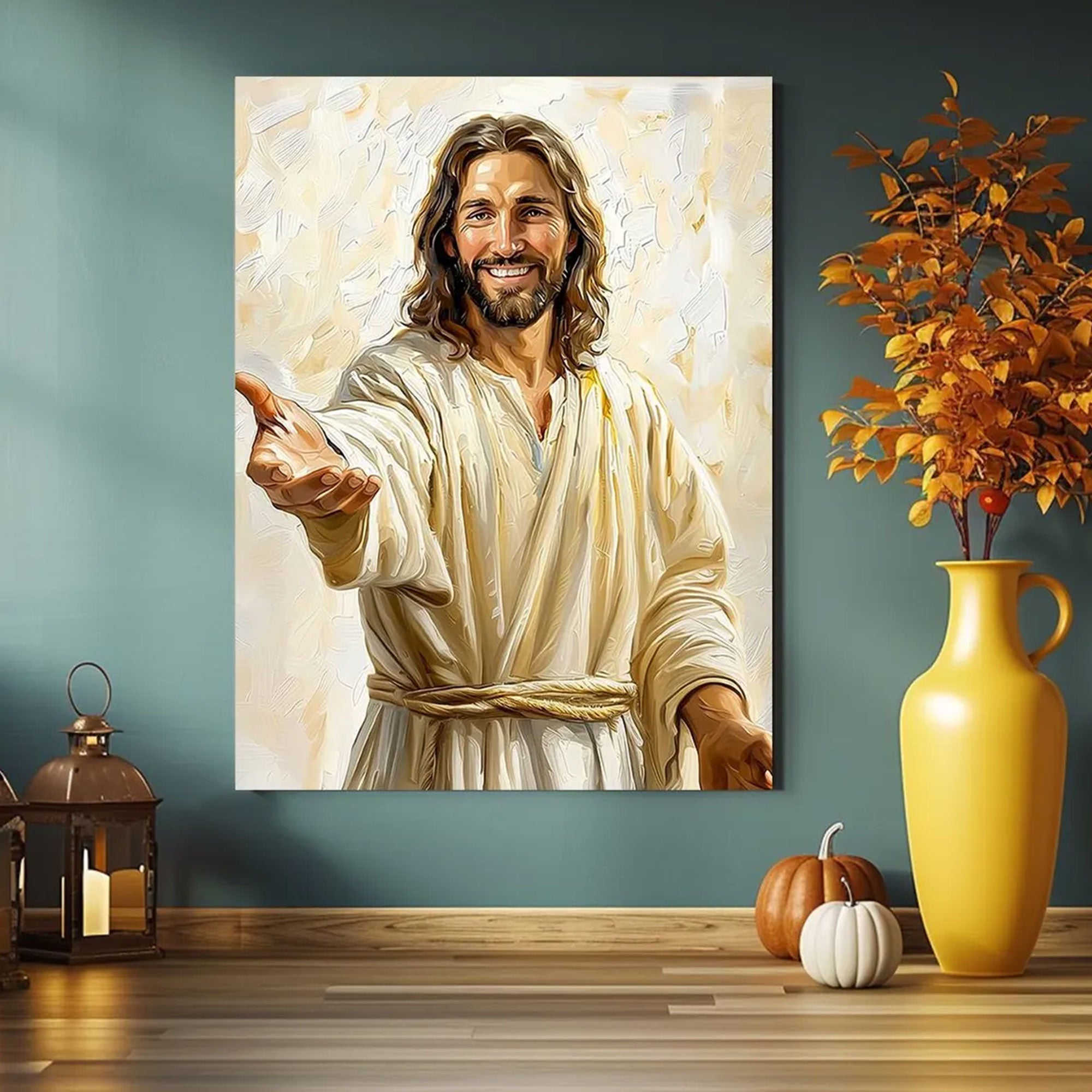 Smiling Jesus Welcoming Canvas Print, Open Arms Savior Wall Art, Christian Faith Home Decor, Religious Gift