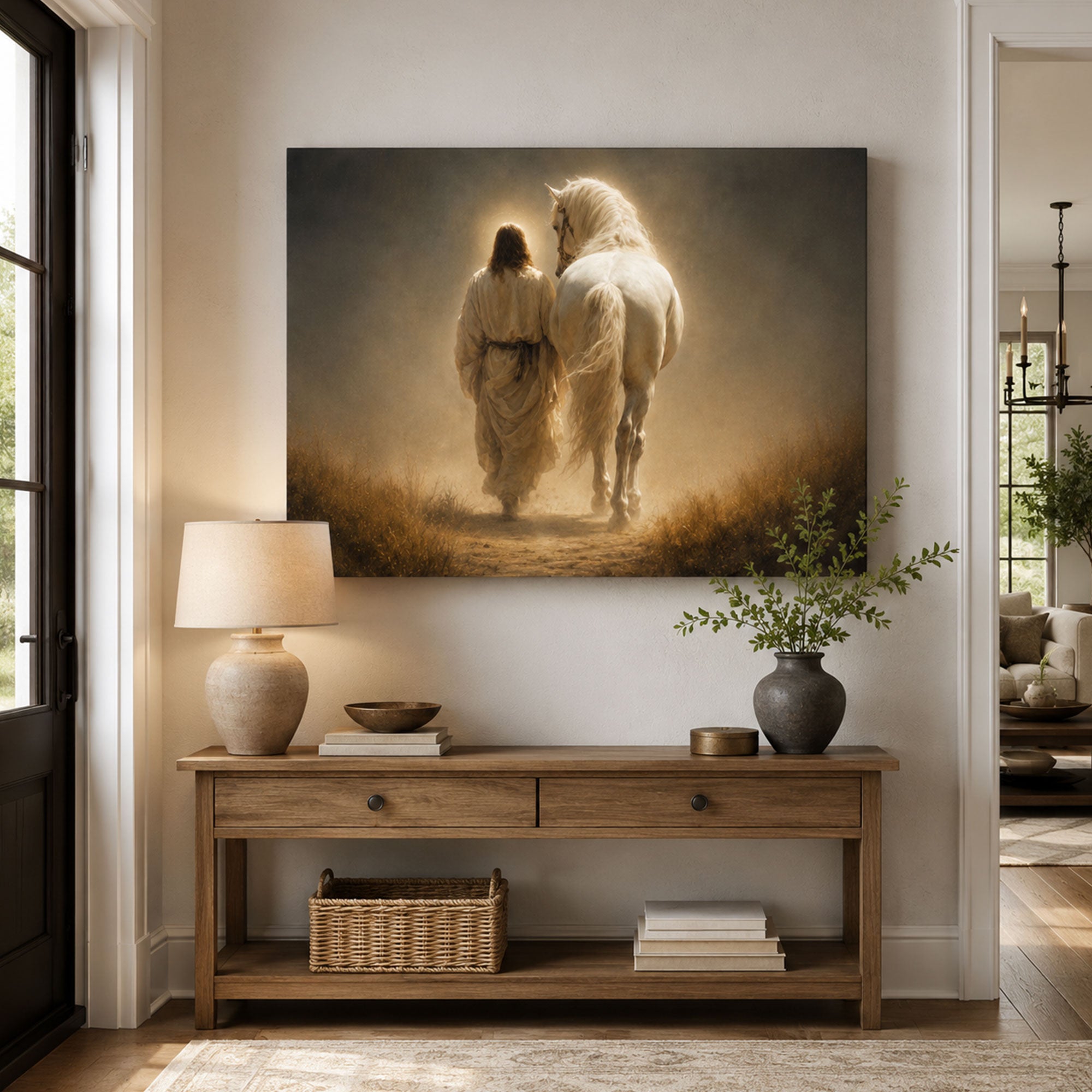 Jesus Walking Beside a White Horse Canvas Print, Golden Christian Faith Art