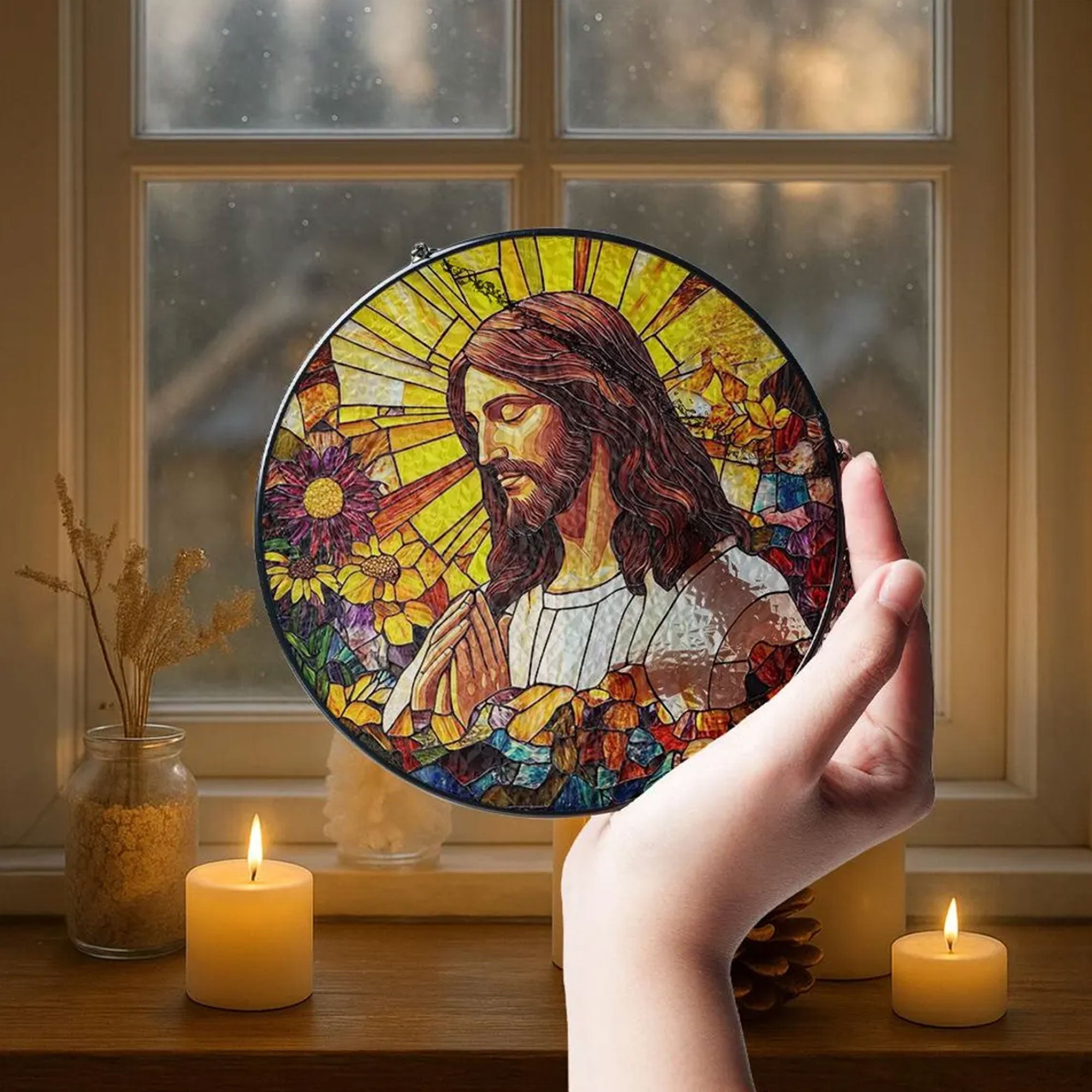 Jesus Stained Glass Suncatcher, Christian Window Hanging Decor, Floral Faith Gift, Religious Home Ornament