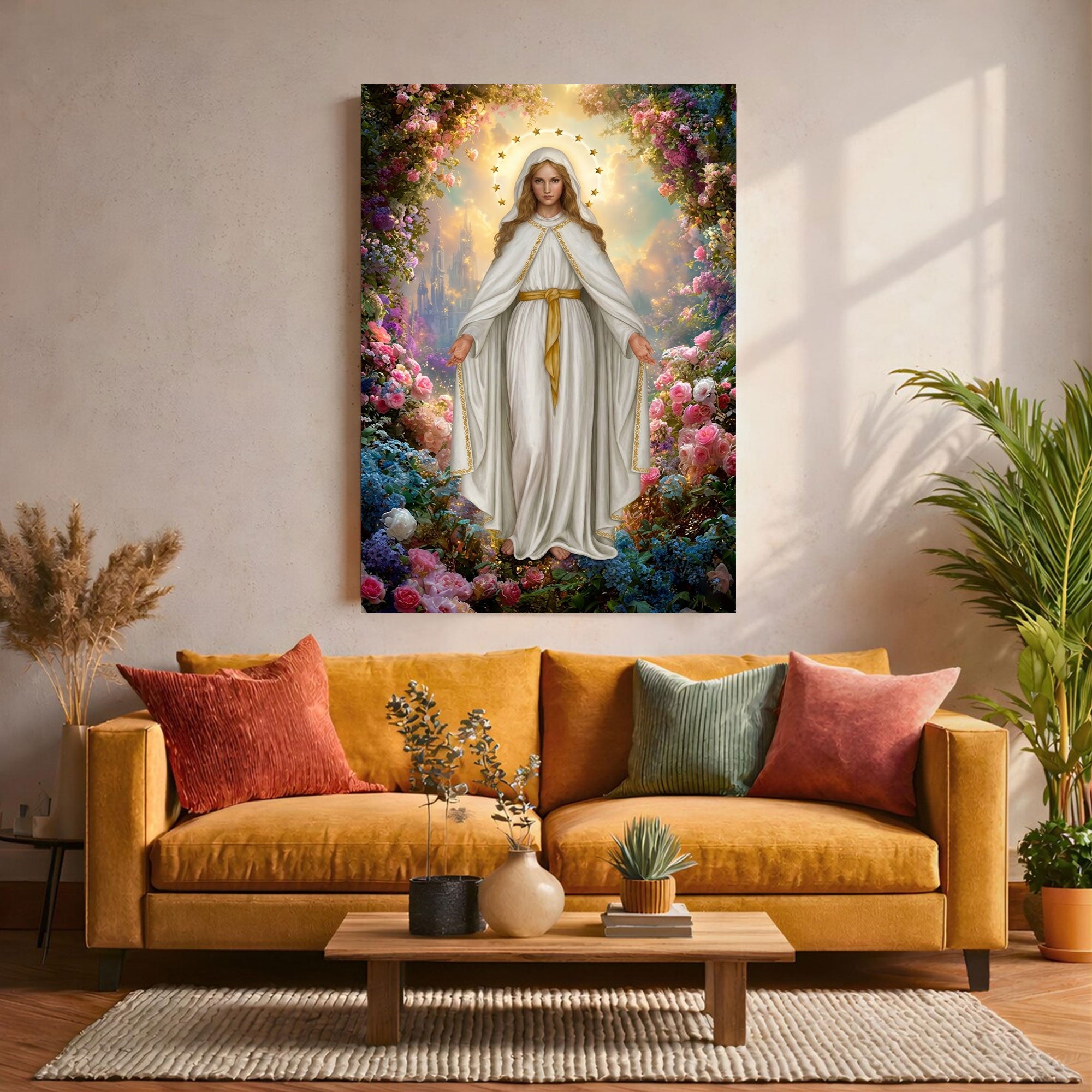Our Lady of Grace Canvas Print, Catholic Virgin Mary Wall Art, Blessed Mother Apparition in Floral Garden, Sacred Christian Decor, Inspirational Faith Gift