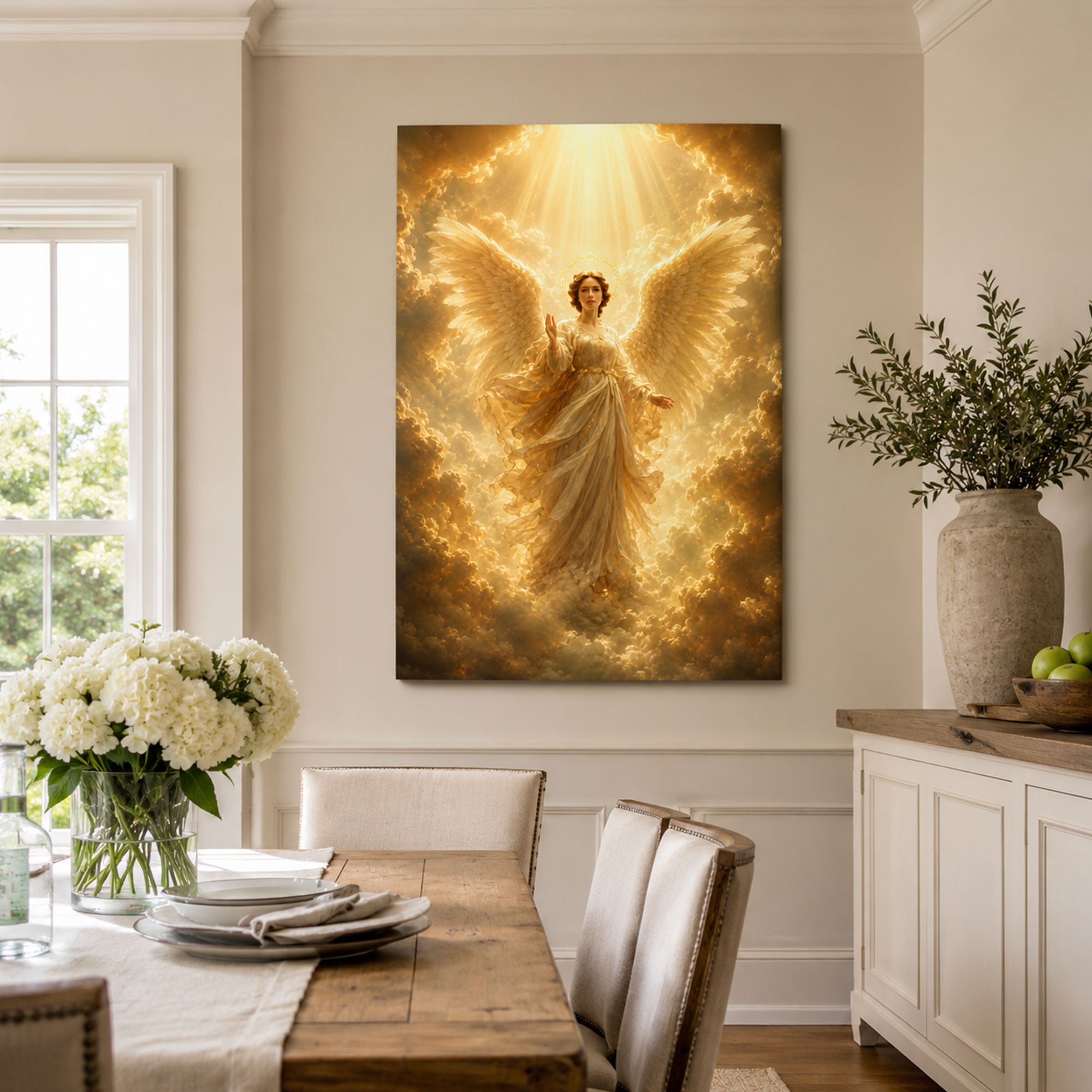 Heavenly Angel Canvas Print, Golden Light Christian Wall Art, Celestial Faith Home Decor Gift