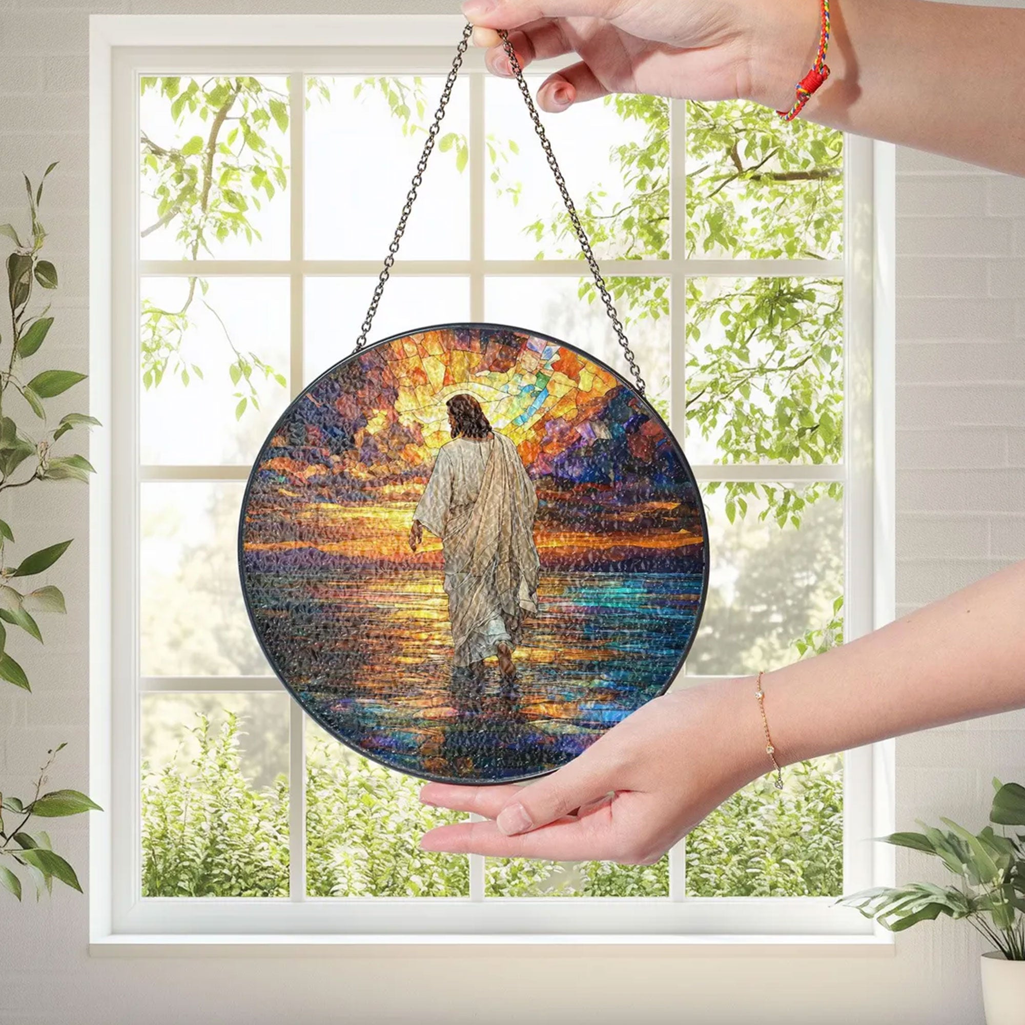 Jesus Christ Stained Glass Suncatcher, Christian Window Hanging Decor, Religious Faith Gift, Spiritual Home Ornament