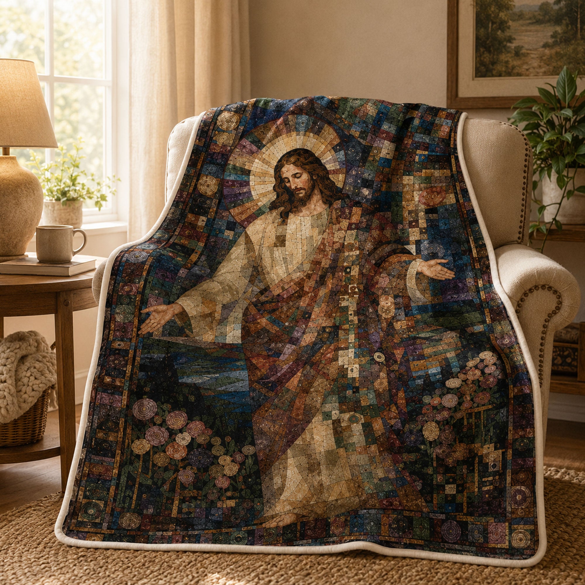Jesus Christ Mosaic Fleece Blanket, Christian Faith Throw, Religious Gift for Believers