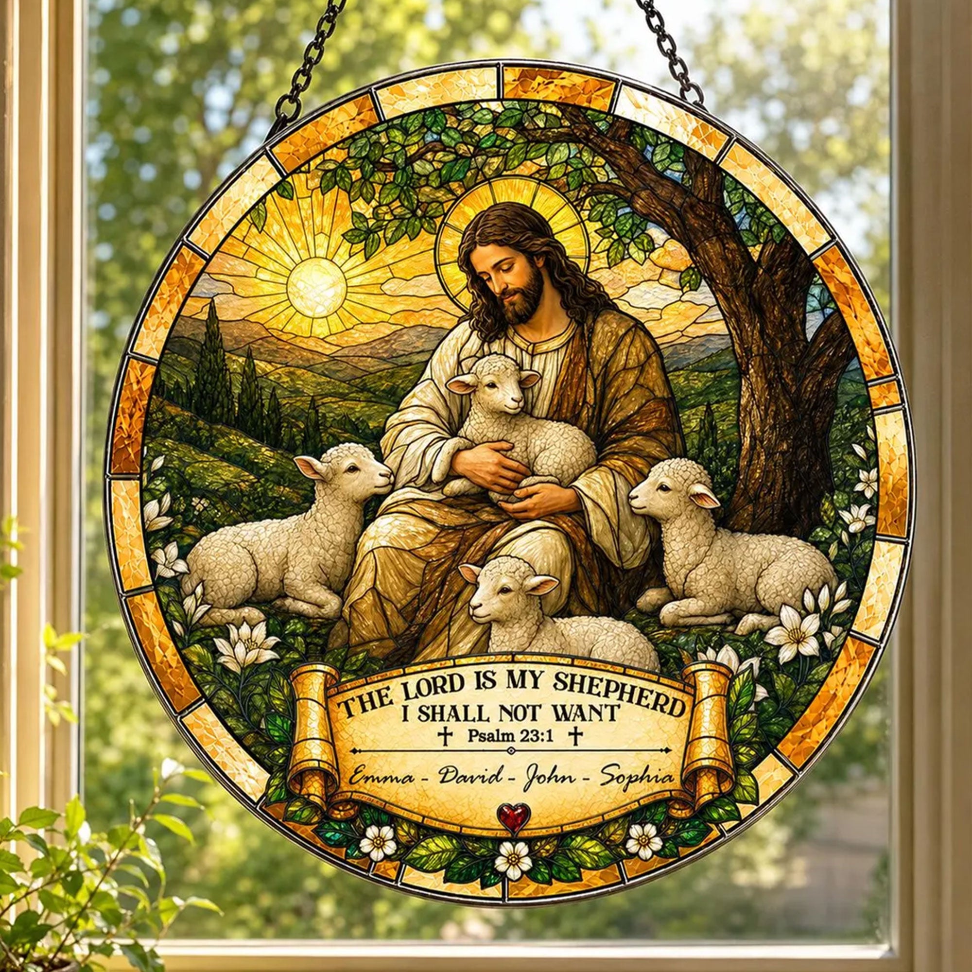 Personalized Jesus Good Shepherd Suncatcher, Psalm 23:1 Family Name Window Hanging, Christian Gift