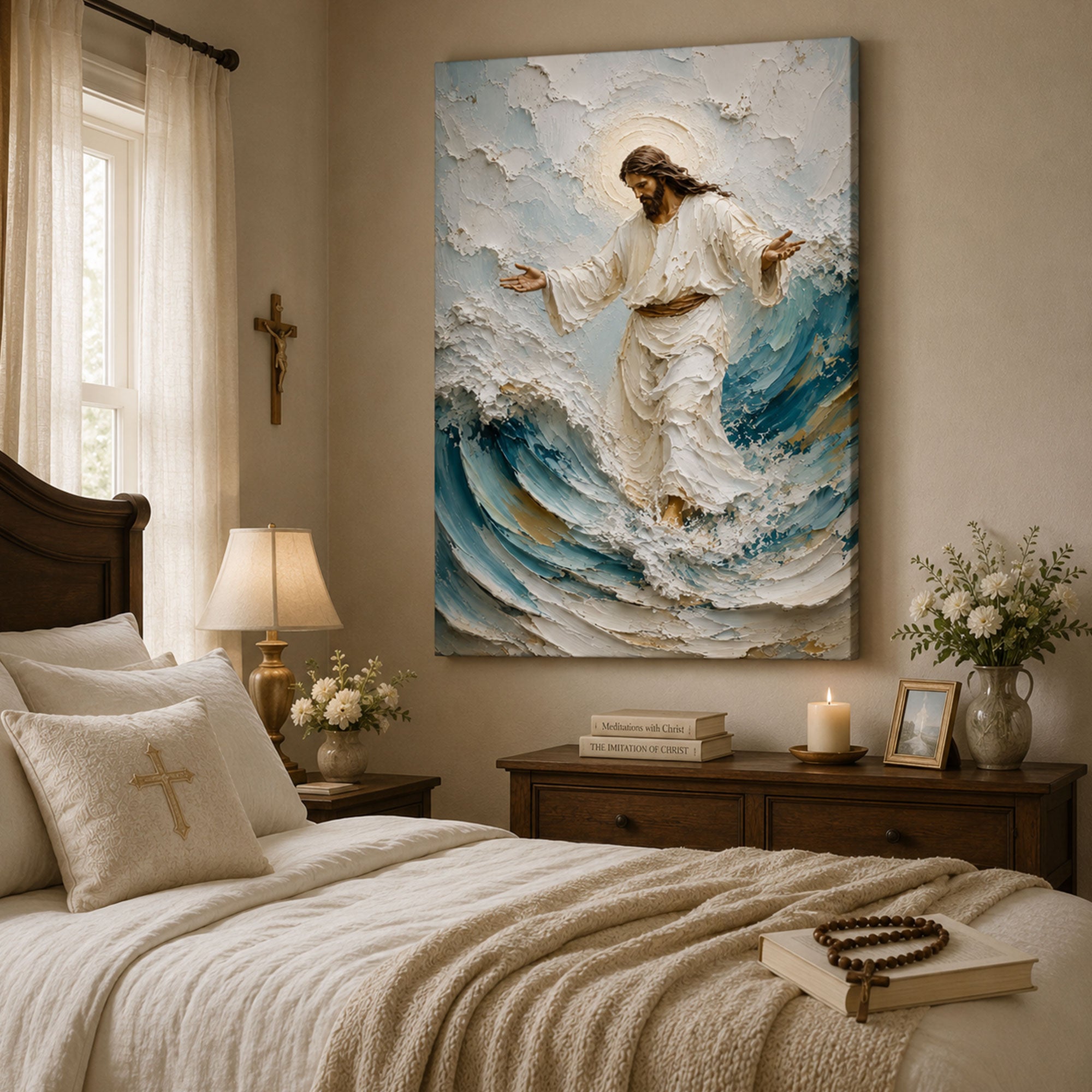 Jesus Walking on Water Canvas Print, Christian Ocean Wall Art, Faith Home Decor