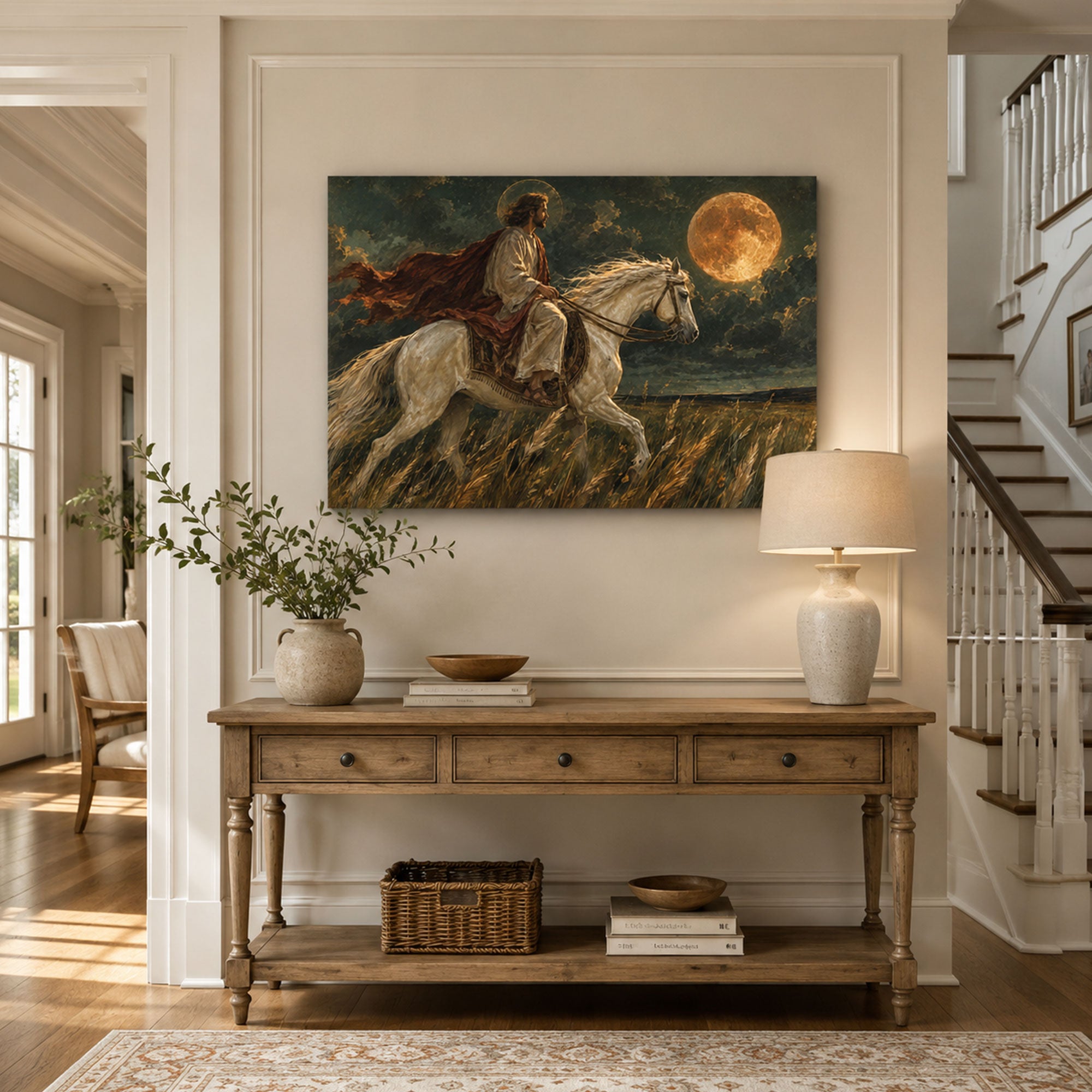 Jesus with White Horse byJesus Riding a White Horse Under the Moon Canvas Print, Christian Home Decor Waterfall Canvas Print