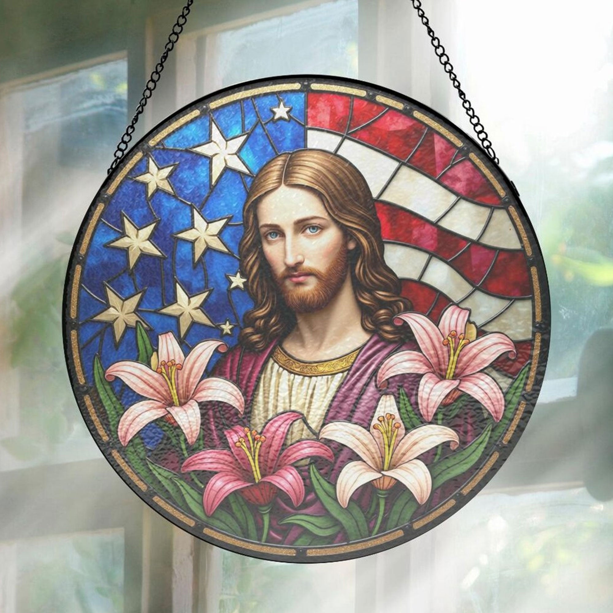 Jesus with Lily and Starry US Flag Stained Glass Suncatcher, Christian Patriotic Window Hanging Decor, Spiritual Faith Gift
