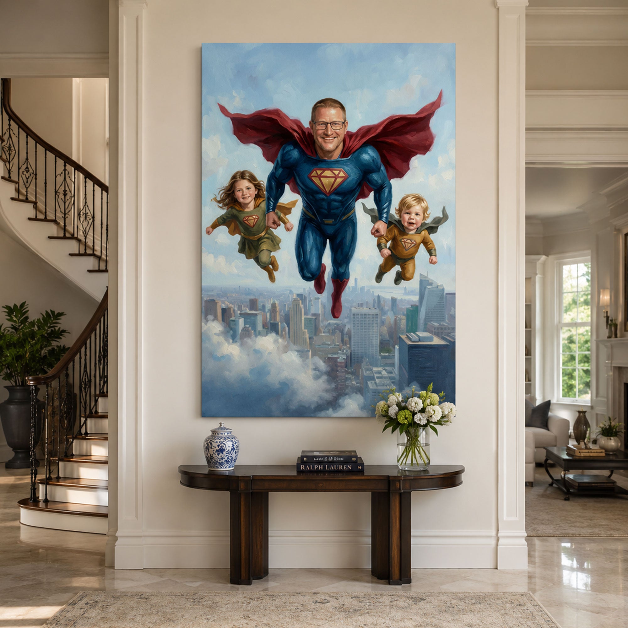 Custom Face Super Hero Dad Canvas, Personalized Father and Kids Wall Art, Funny Father’s Day Gift