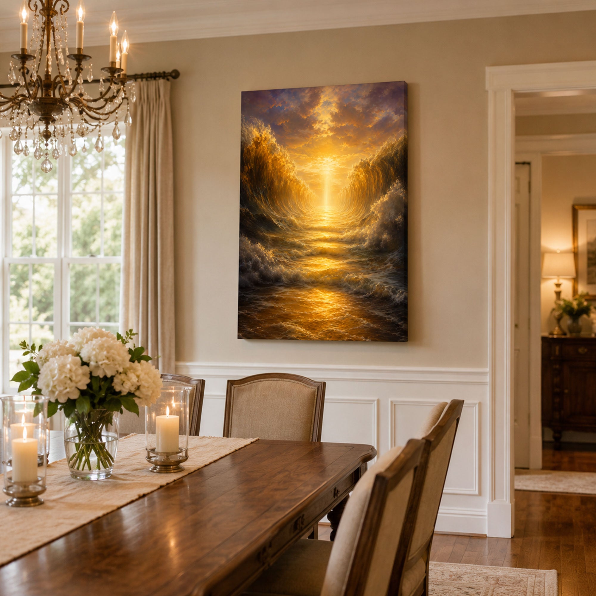 Parting of the Red Sea Canvas Print, Biblical Miracle Wall Art, Golden Light Christian Faith Home Decor Gift