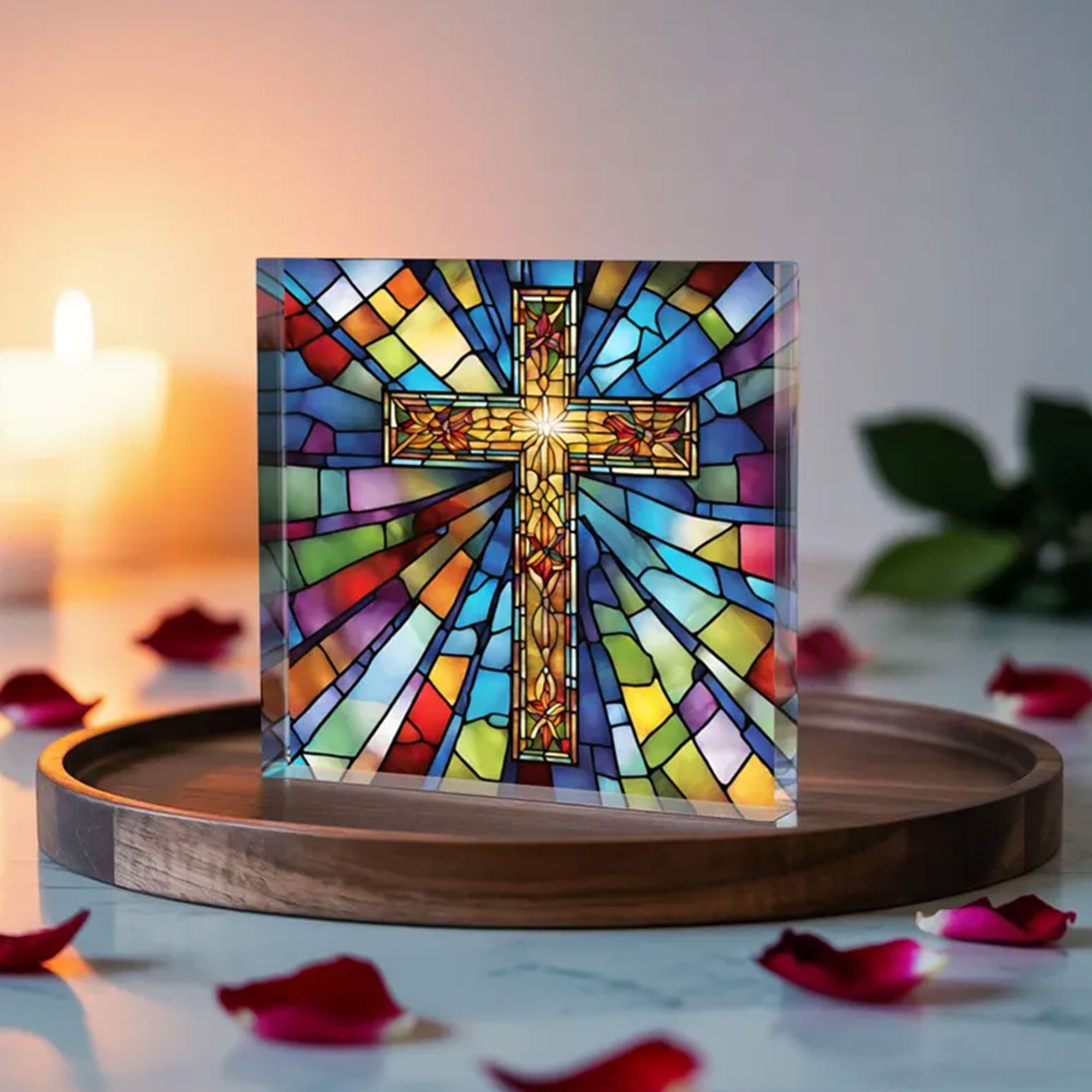 Stained Glass Cross Acrylic Plaque, Easter Christian Catholic Gift, Comfort Gift for Friend, Housewarming Faith Decor
