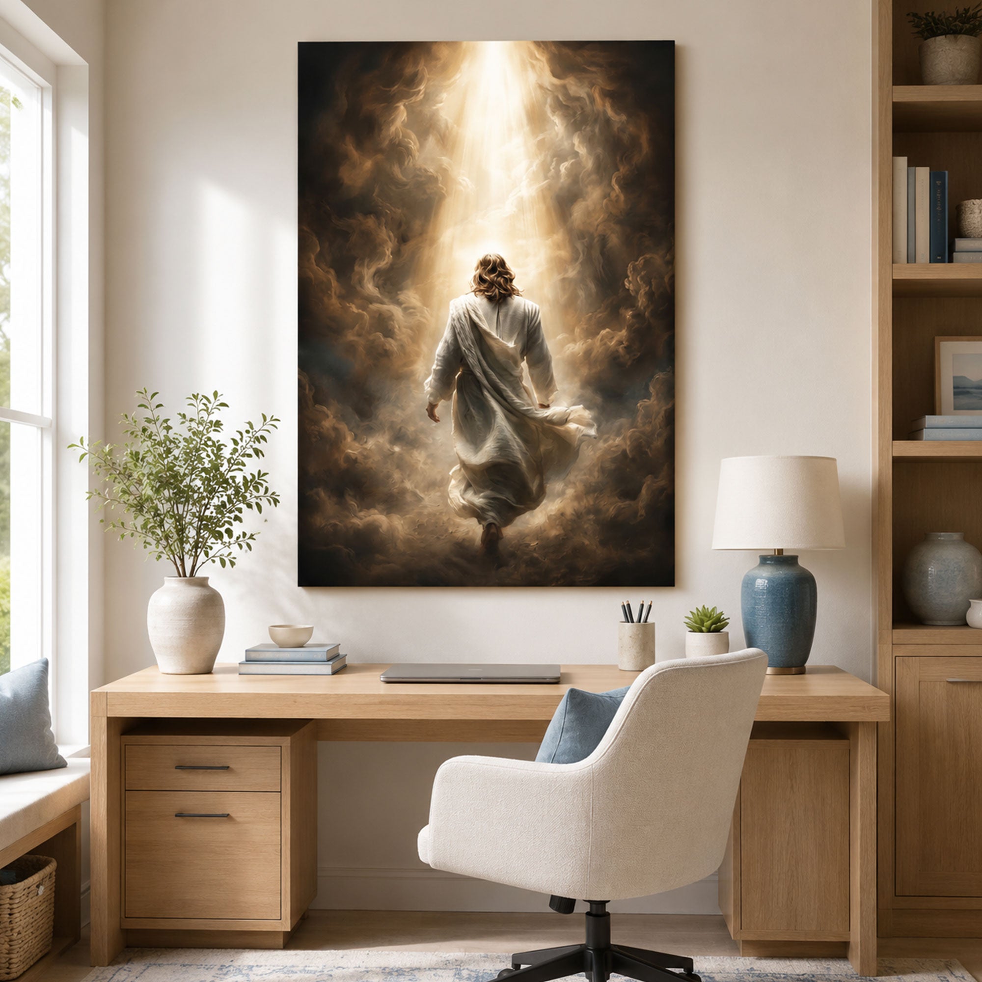 Jesus Walking Into Light Canvas Art, Spiritual Christian Journey Wall Decor, Minimal Biblical Home Decoration