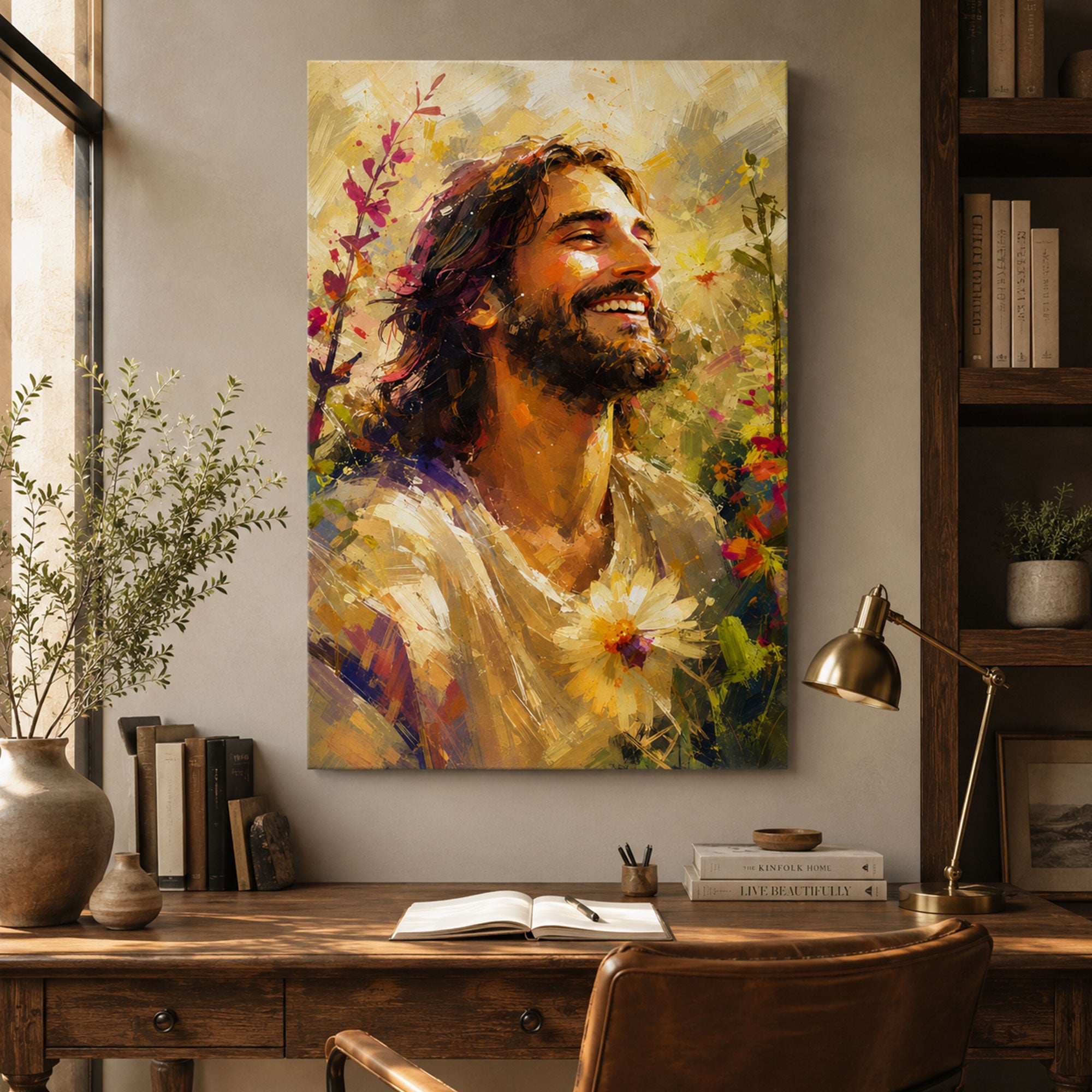Smiling Jesus Portrait Canvas Print, Joyful Christian Wall Art, Floral Faith Home Decor