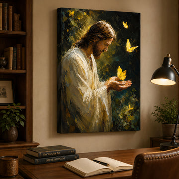 Jesus with Butterfly Canvas Print, Gentle Christian Wall Art, Hope and Peace Faith Home Decor
