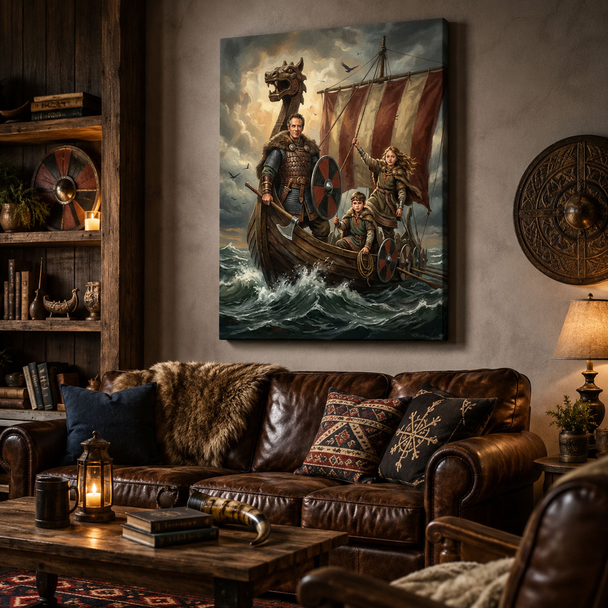 Personalized Viking Family Canvas Print, Custom Dad and Kids Norse Warrior Wall Art, Father’s Day Gift