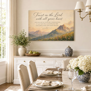 Proverbs 3:5-6 Canvas Print, Trust in the Lord Mountain Scripture Wall Art, Christian Faith Home Decor Gift