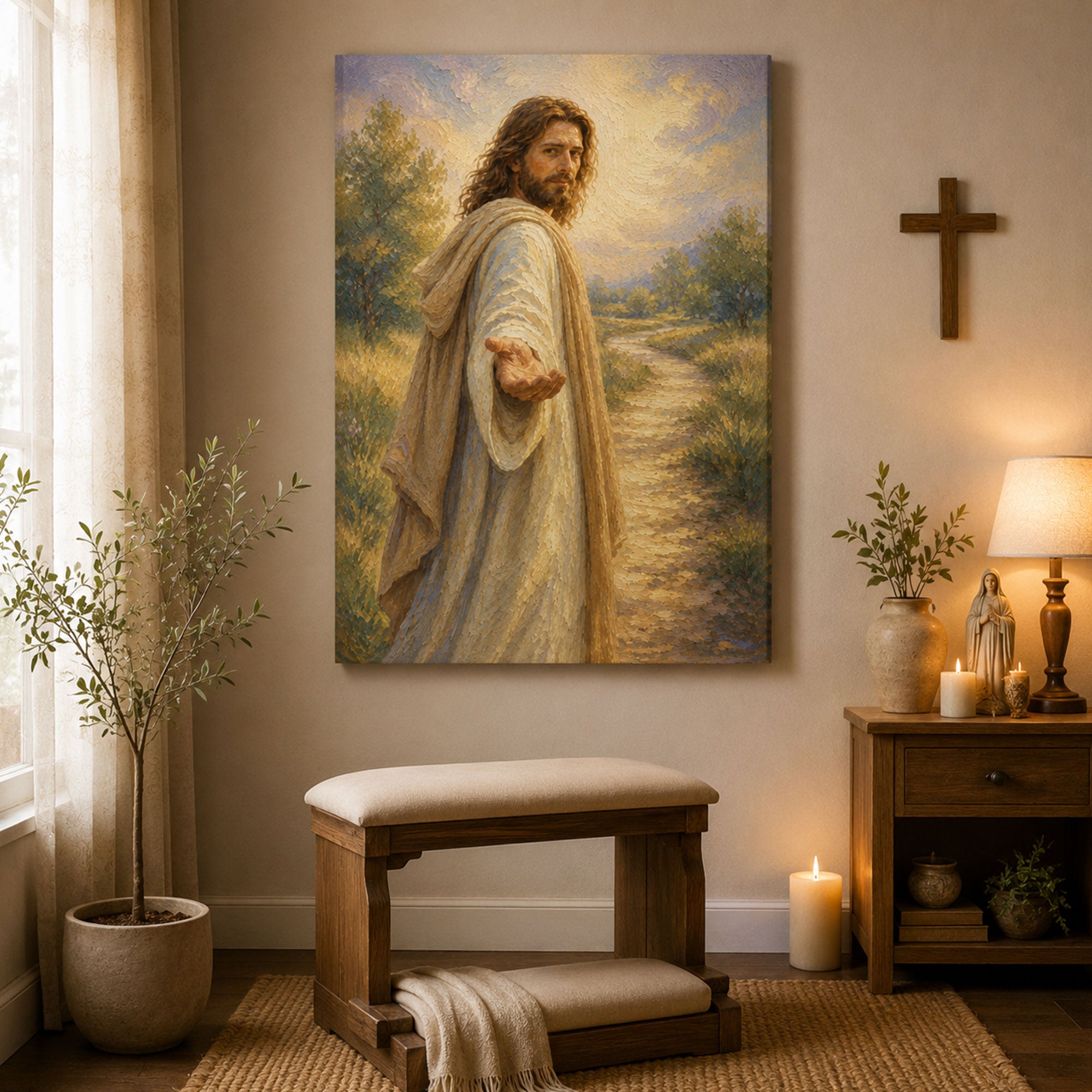 Jesus Reaching Out Canvas Print, Follow Me Christian Wall Art, Peaceful Faith Home Decor