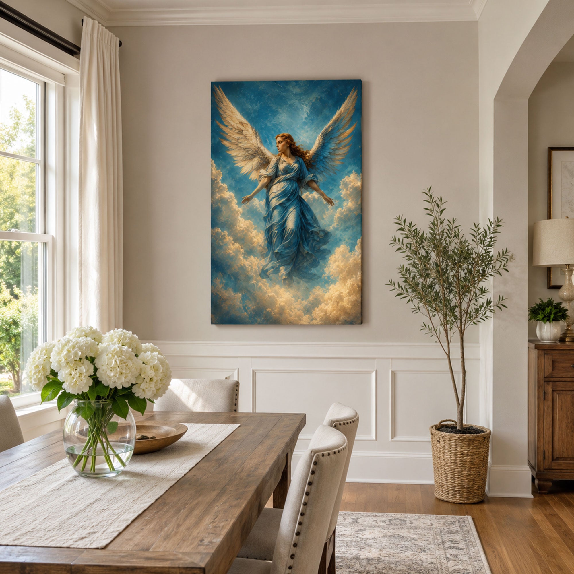 Heavenly Angel Canvas Print, Blue Robe Christian Wall Art, Celestial Faith Home Decor Gift