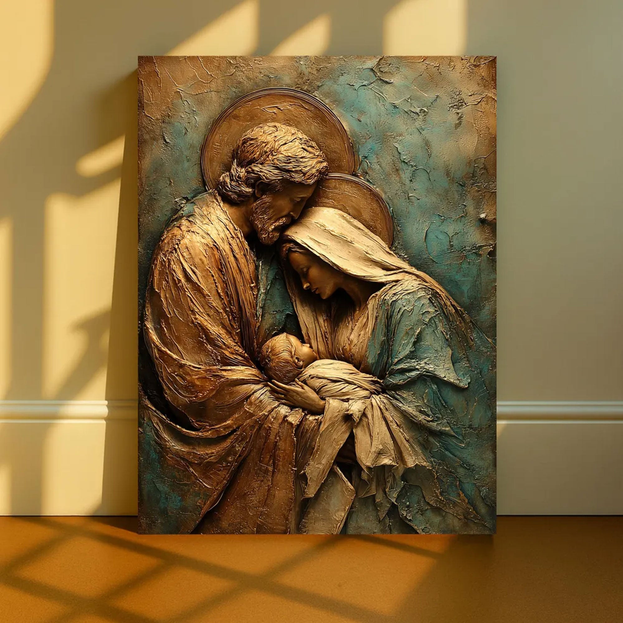Holy Family Canvas Art, Gold and Teal Religious Wall Decor, Elegant Christian Home Decoration