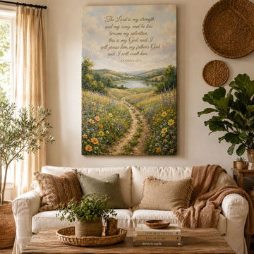 Exodus 15:2 The Lord Is My Strength Canvas Print, Christian Country Path Meadow Wall Art, Extra Wide Bible Verse Decor