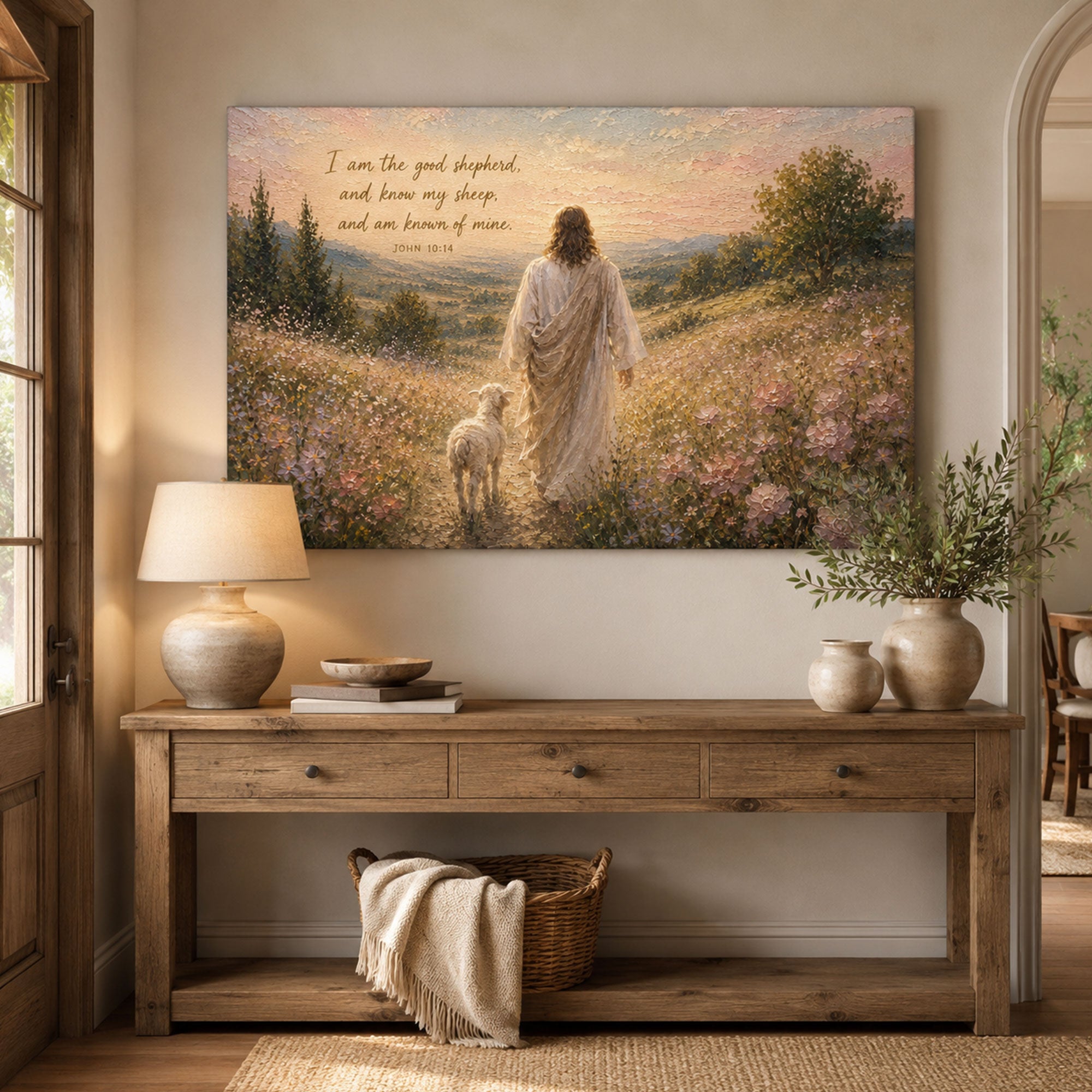 Jesus Good Shepherd Canvas Print John 10:14 Christian Wall Art Floral Landscape Faith Home Decor