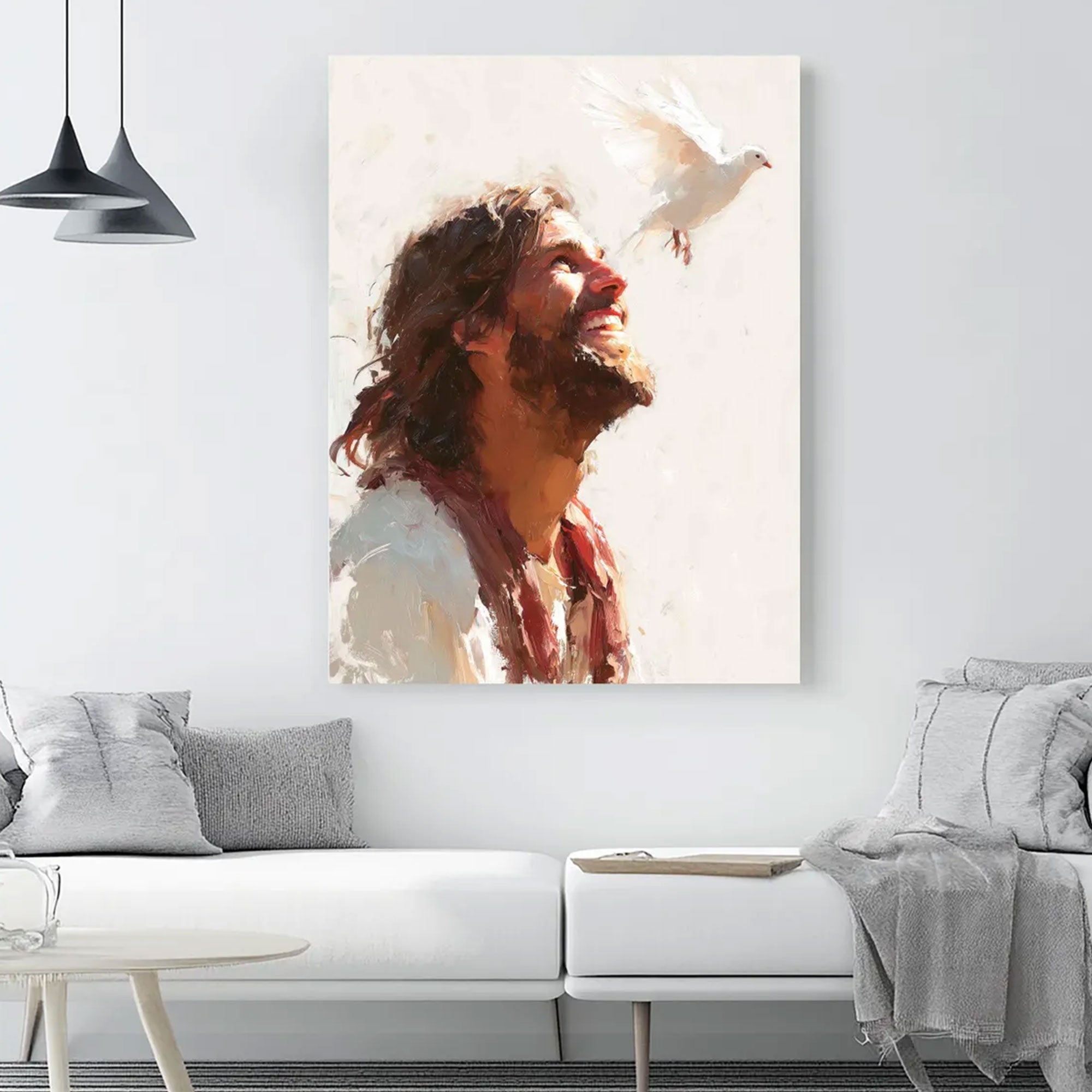 Jesus With Dove Canvas Print, Holy Spirit Christian Wall Art, Peaceful Savior Faith Decor