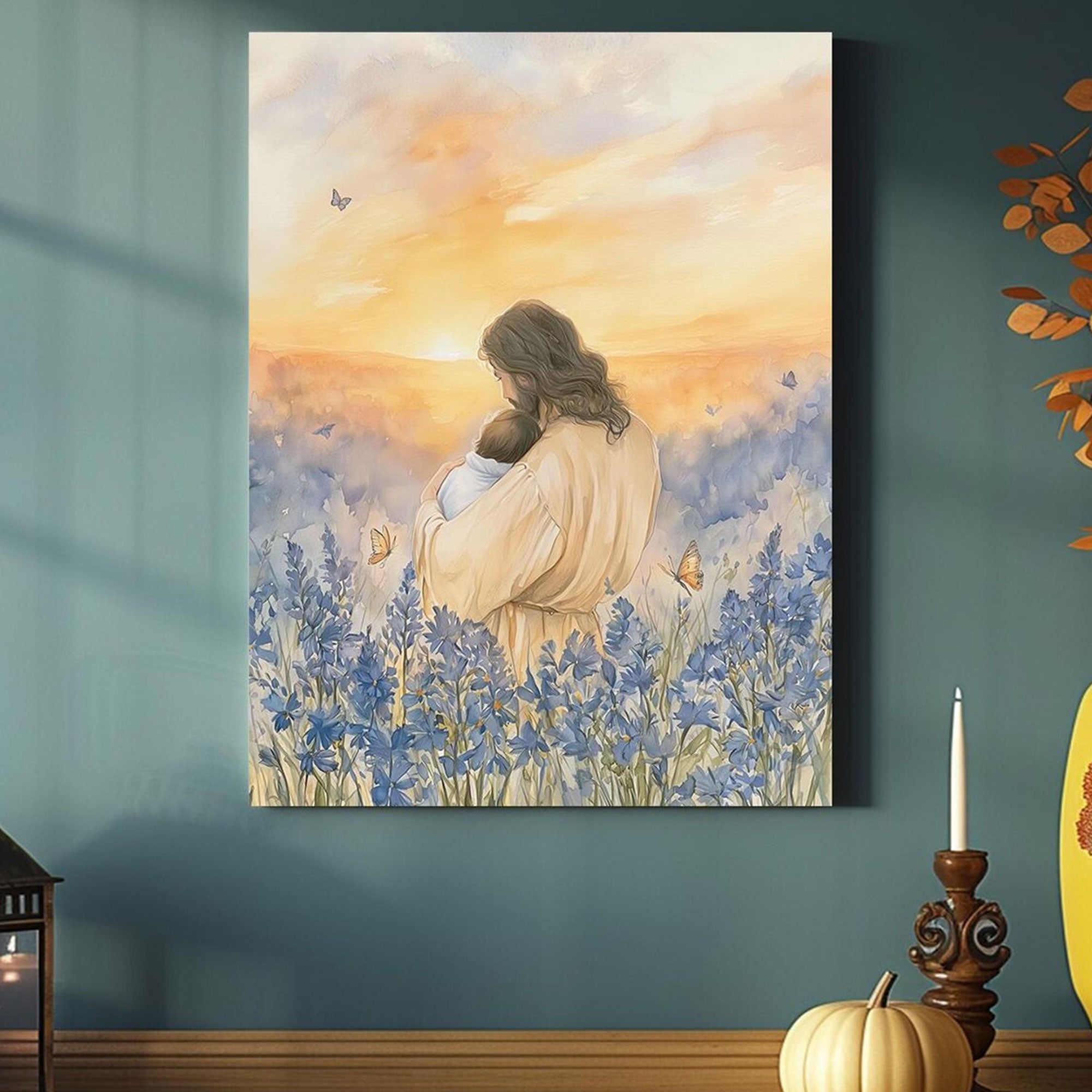 Jesus Holding Baby Among Blue Flowers Canvas, Christian Comfort Wall Art, Peaceful Faith Painting, Gentle Memorial Gift