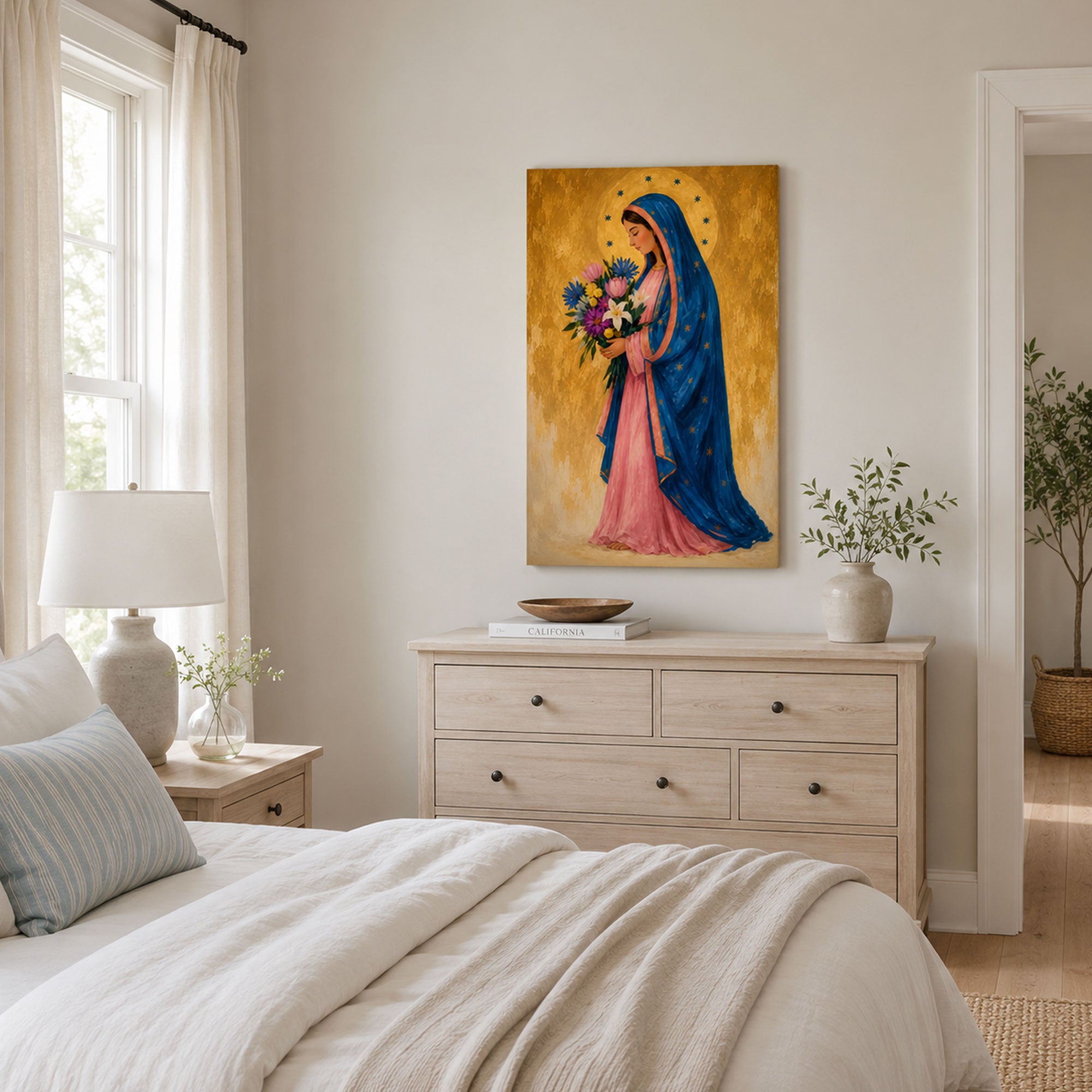Virgin Mary with Flowers Canvas Print, Catholic Wall Decor, Marian Faith Gift