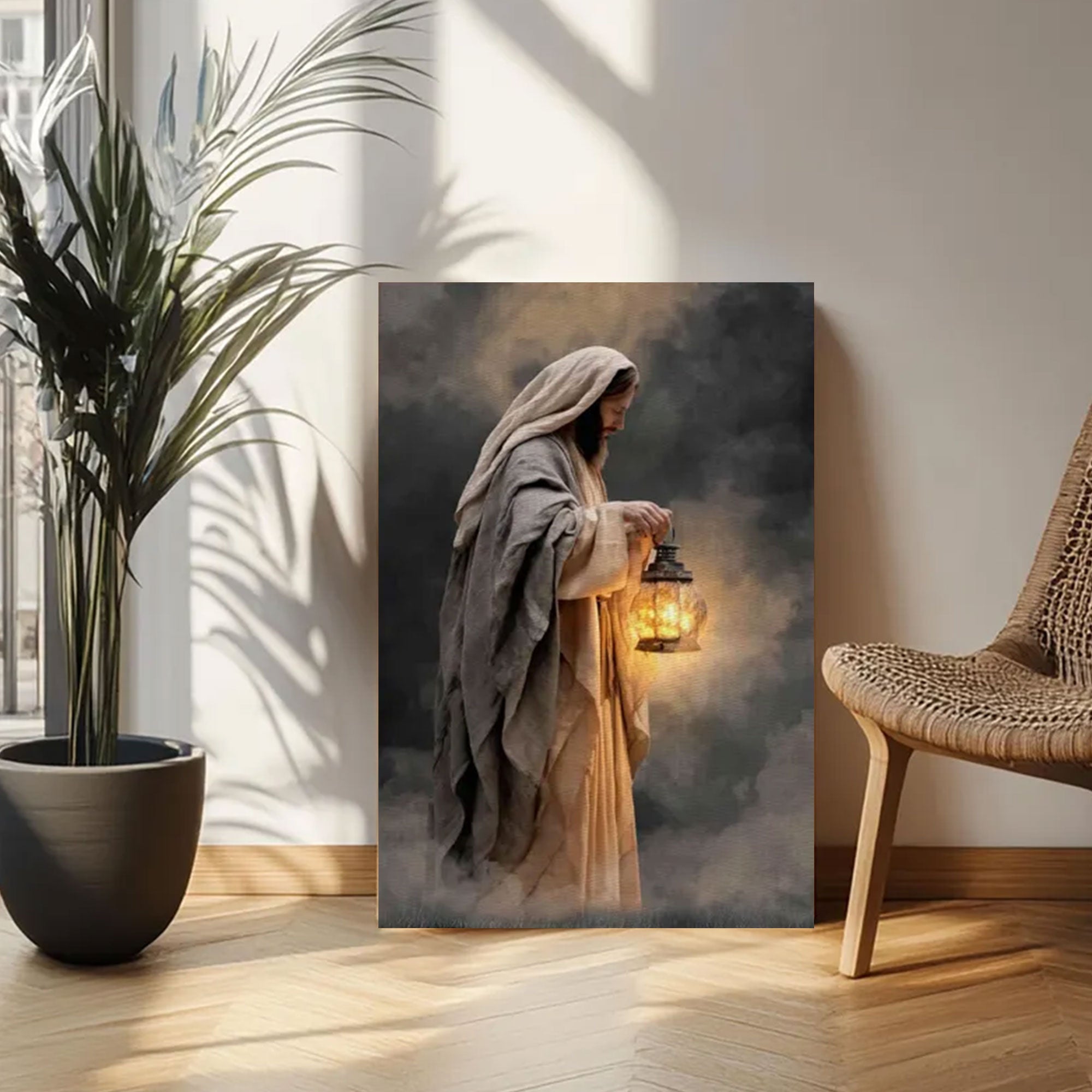 Guiding Lantern Framed Canvas Print, Moody Christian Wall Art, Jesus Painting Faith Home Decor