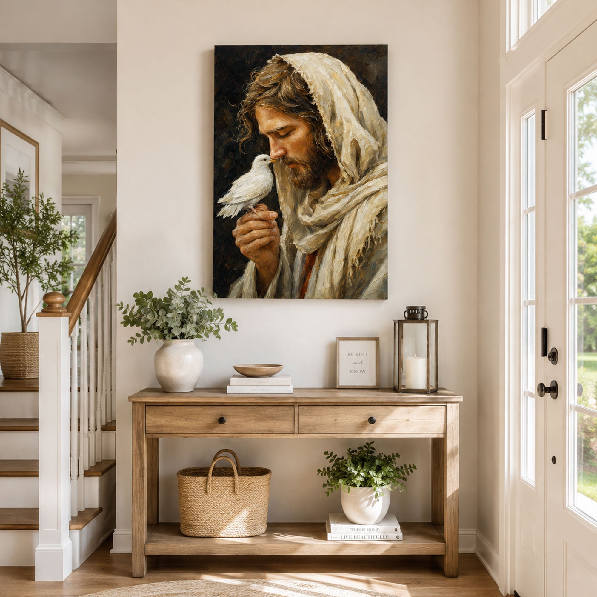 Jesus with Holy Spirit Dove Canvas Print, Christian Wall Decor, Peace and Faith Gift