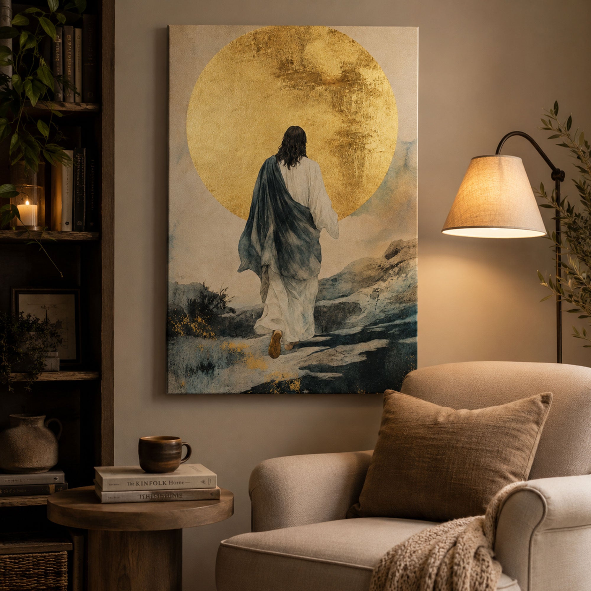 Jesus Walking Toward the Light Canvas Print, Golden Sun Christian Wall Art, Modern Faith Home Decor