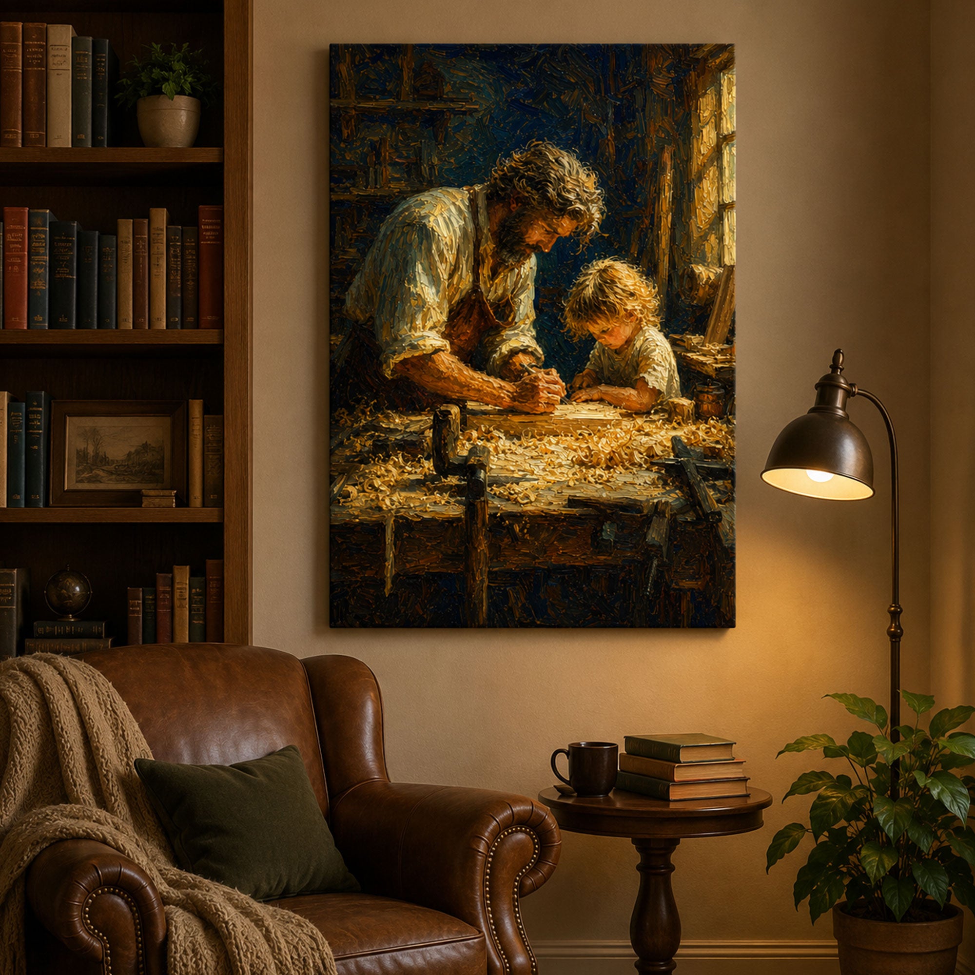Saint Joseph Teaching Child Jesus Canvas Print, Catholic Wall Art, Rustic Faith Home Decor