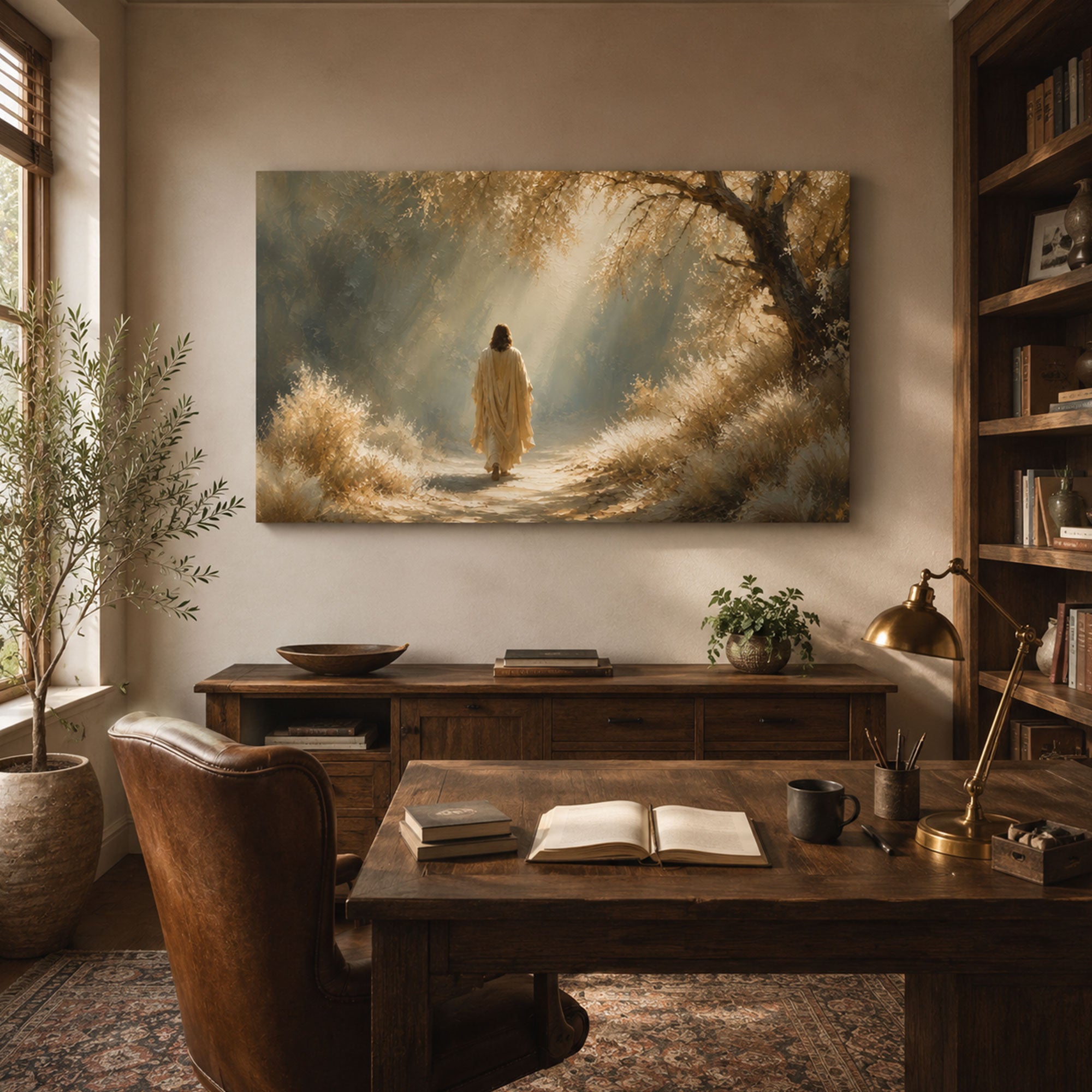 Jesus Walking Through Light Canvas Print, Peaceful Christian Wall Art, Path of Faith Home Decor