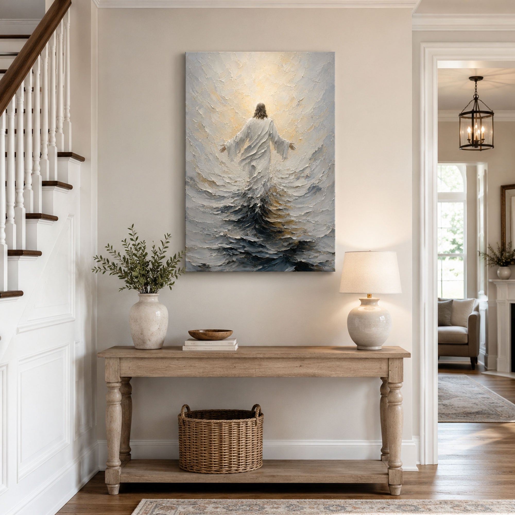 Jesus Above the Stormy Sea Canvas Print, Light Filled Christian Decor