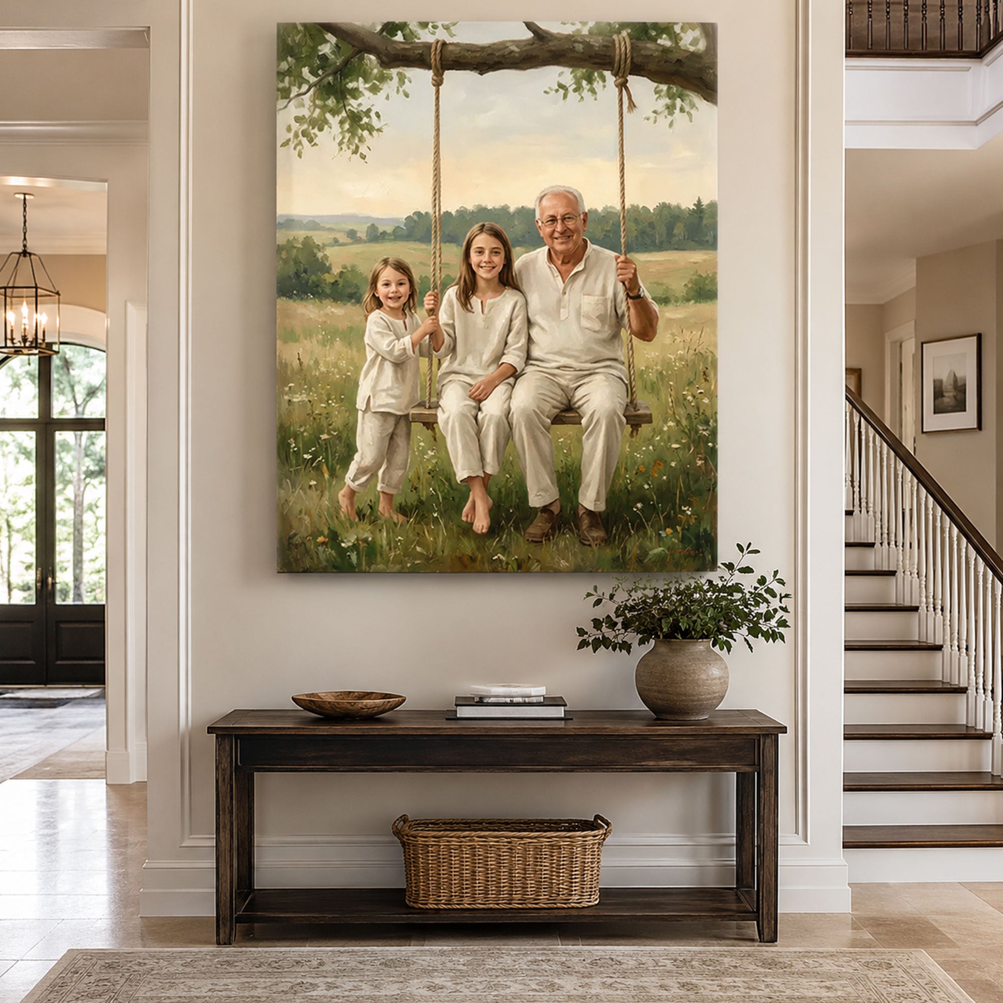 Personalized Memory Swing Grandpa And Grandchildren Canvas Print, Custom Family Portrait Wall Art, Father’s Day Gift For Grandpa