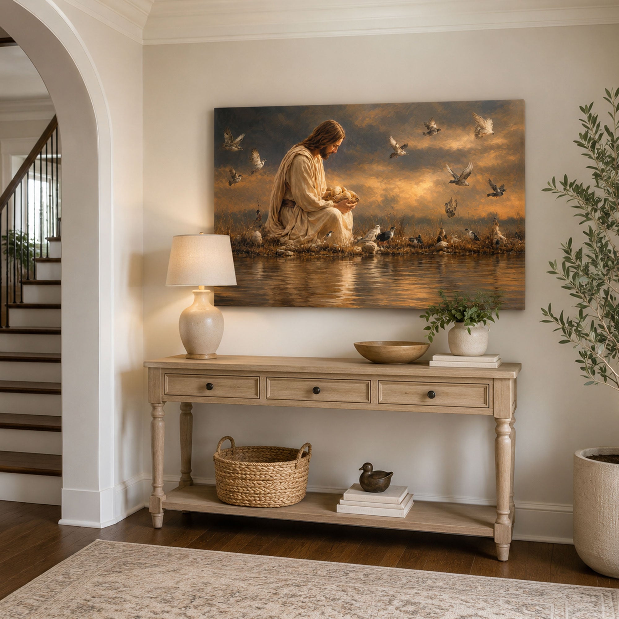 Jesus Caring for the Birds Canvas Print, Peaceful Christian Nature Decor