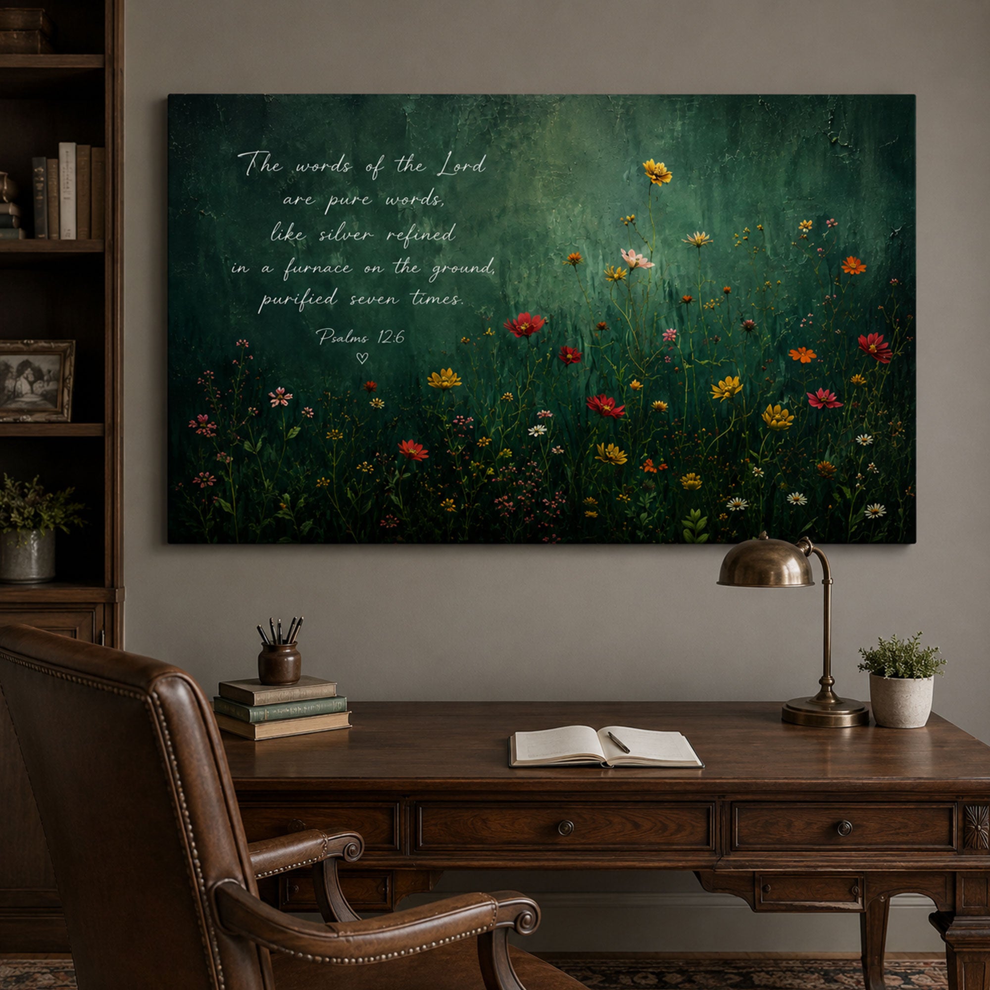 The Words of the Lord Psalm 12:6 Canvas Print, Christian Scripture Wall Art, Dark Green Floral Faith Home Decor