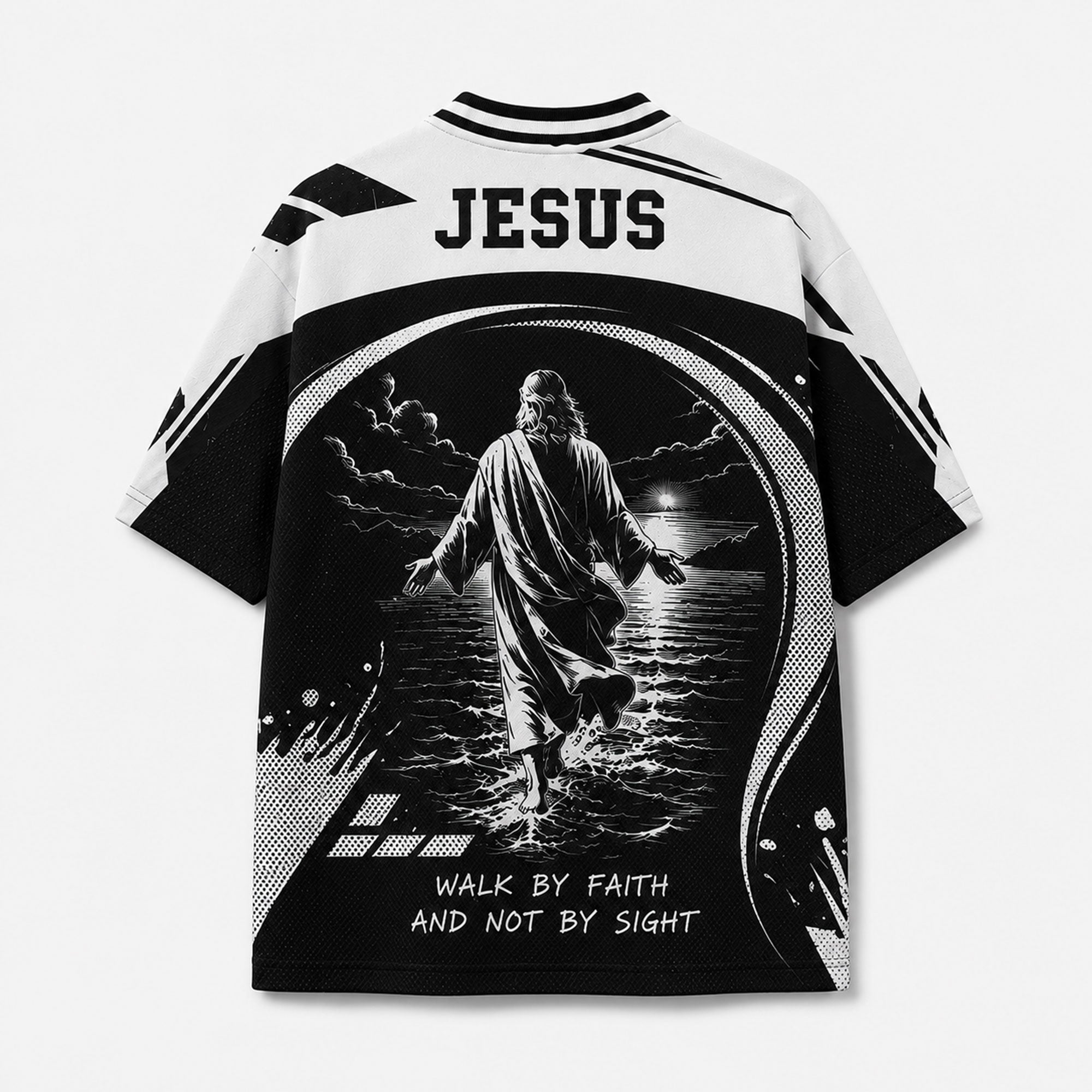 Personalized Jesus Walking on Water Mesh Jersey, Custom Name Walk by Faith Christian Apparel