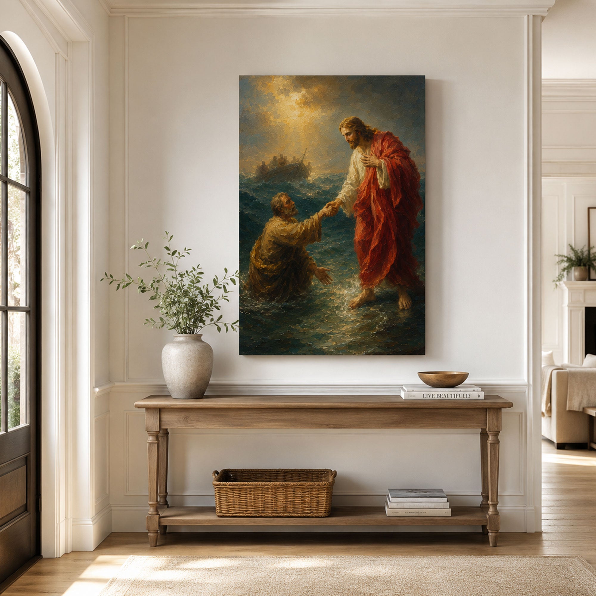 Jesus Saves Peter Canvas Print, Matthew 14:30-31 Walking on Water Christian Wall Decor, Faith Gift