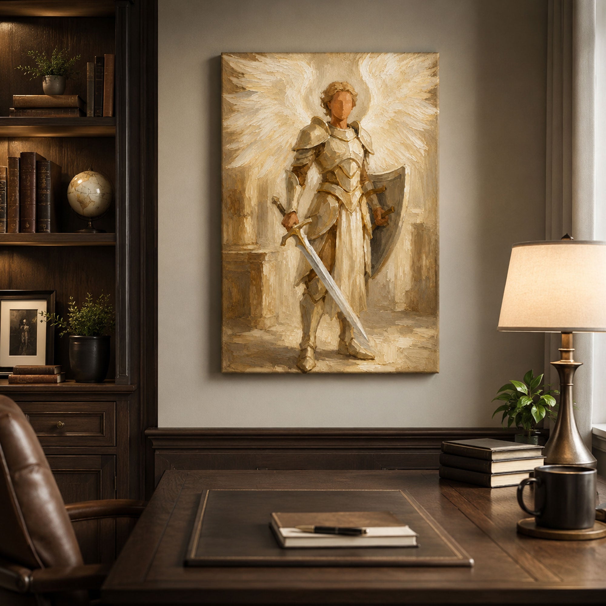 Saint Michael with Shield Canvas Print, Light Neutral Religious Wall Art